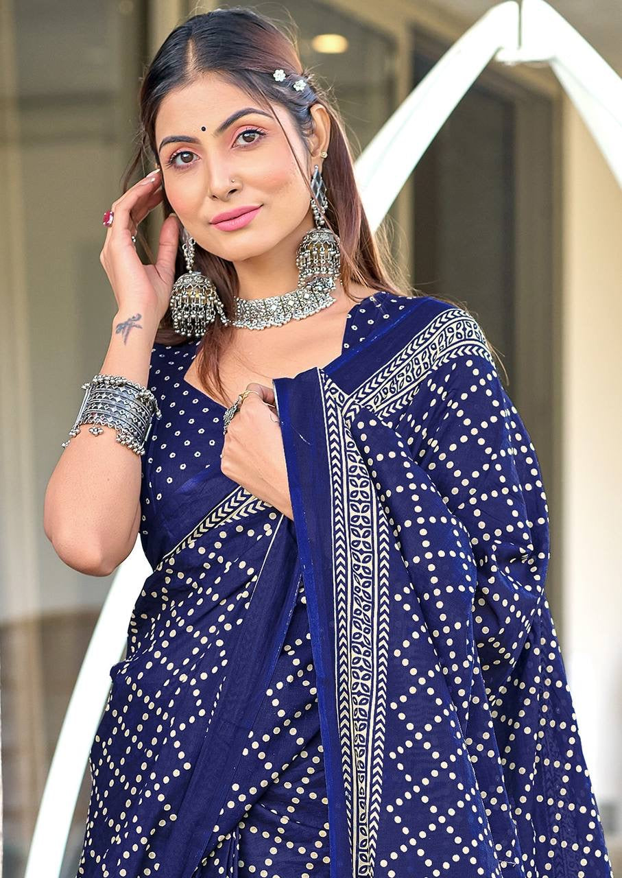 Navy Blue Bandhani Print Cotton Saree