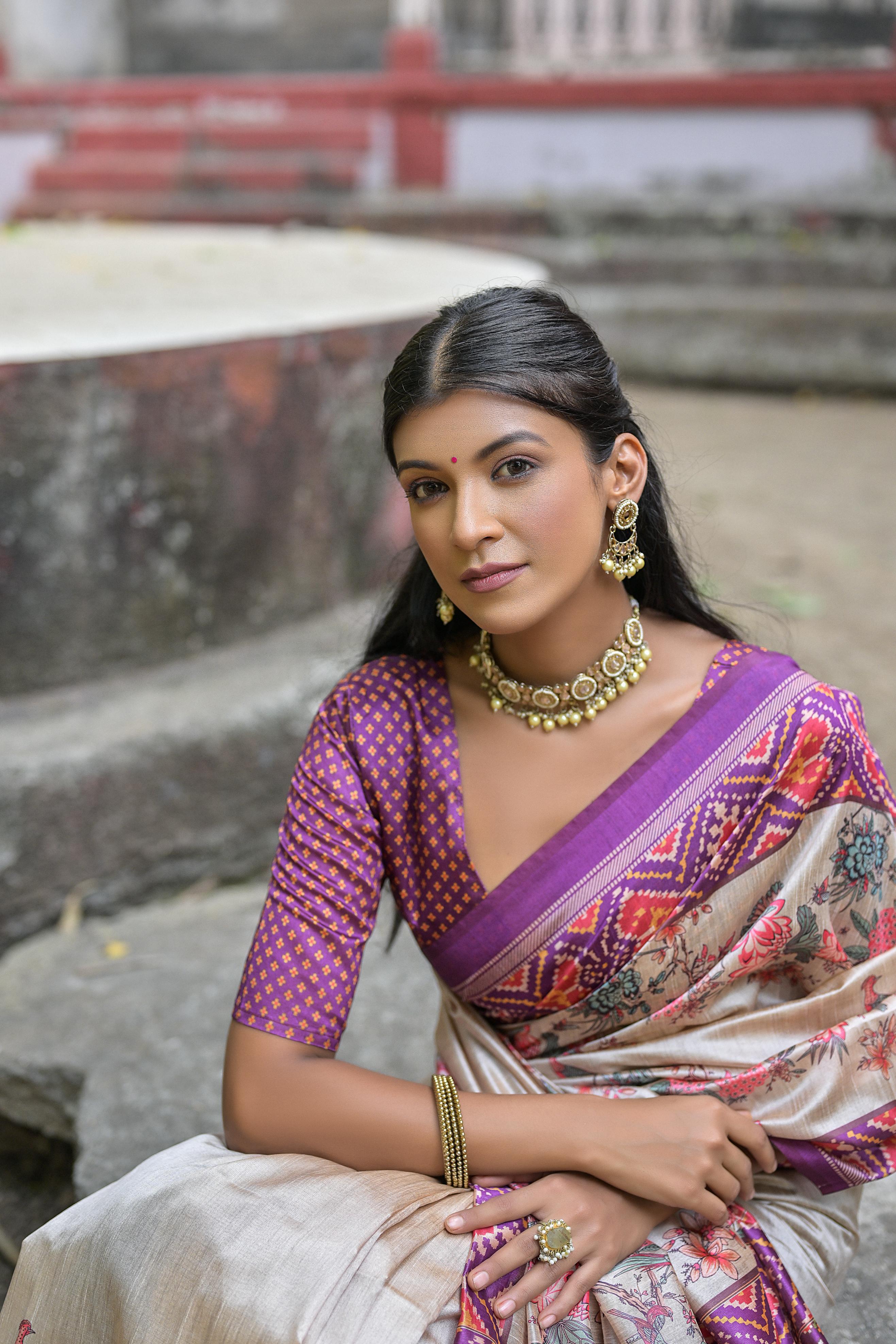Purple Patola Silk Saree with Beige Base