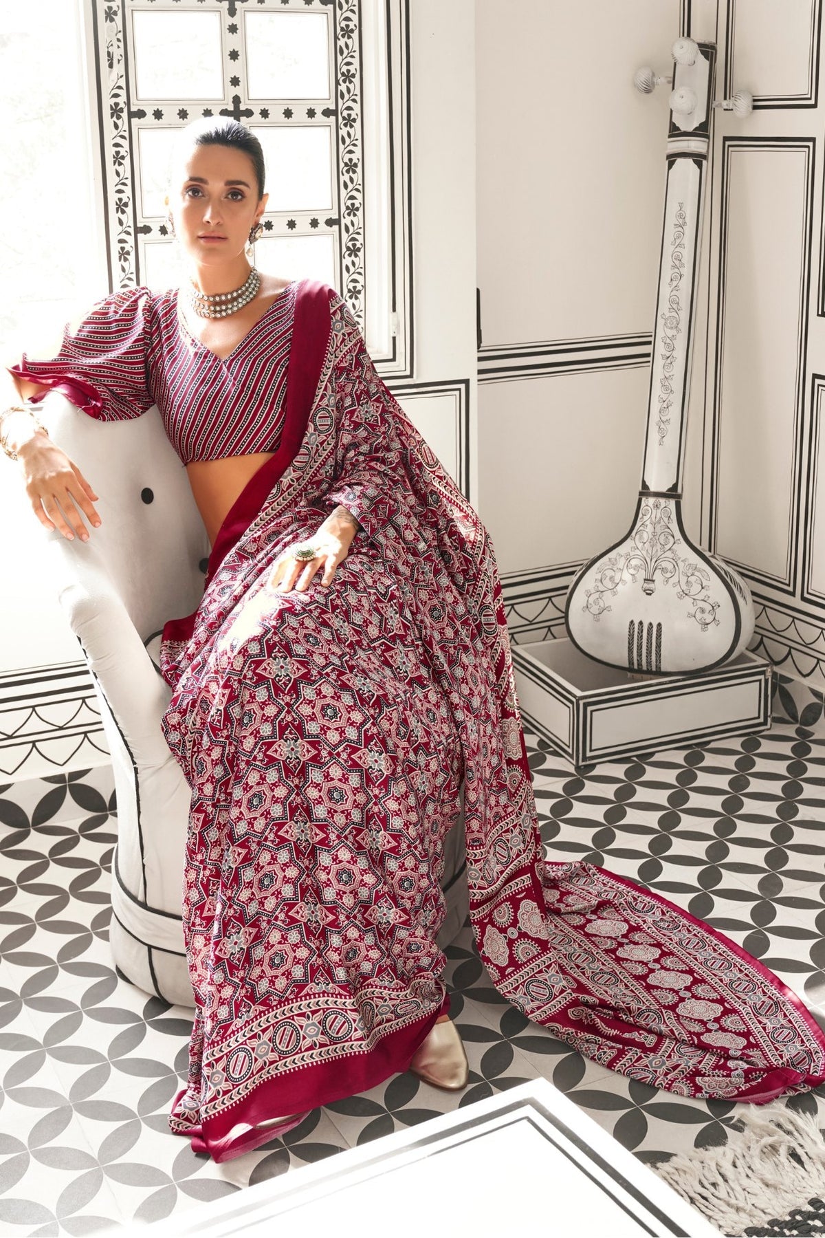 Maroon Ajrakh Printed Satin Crepe Saree