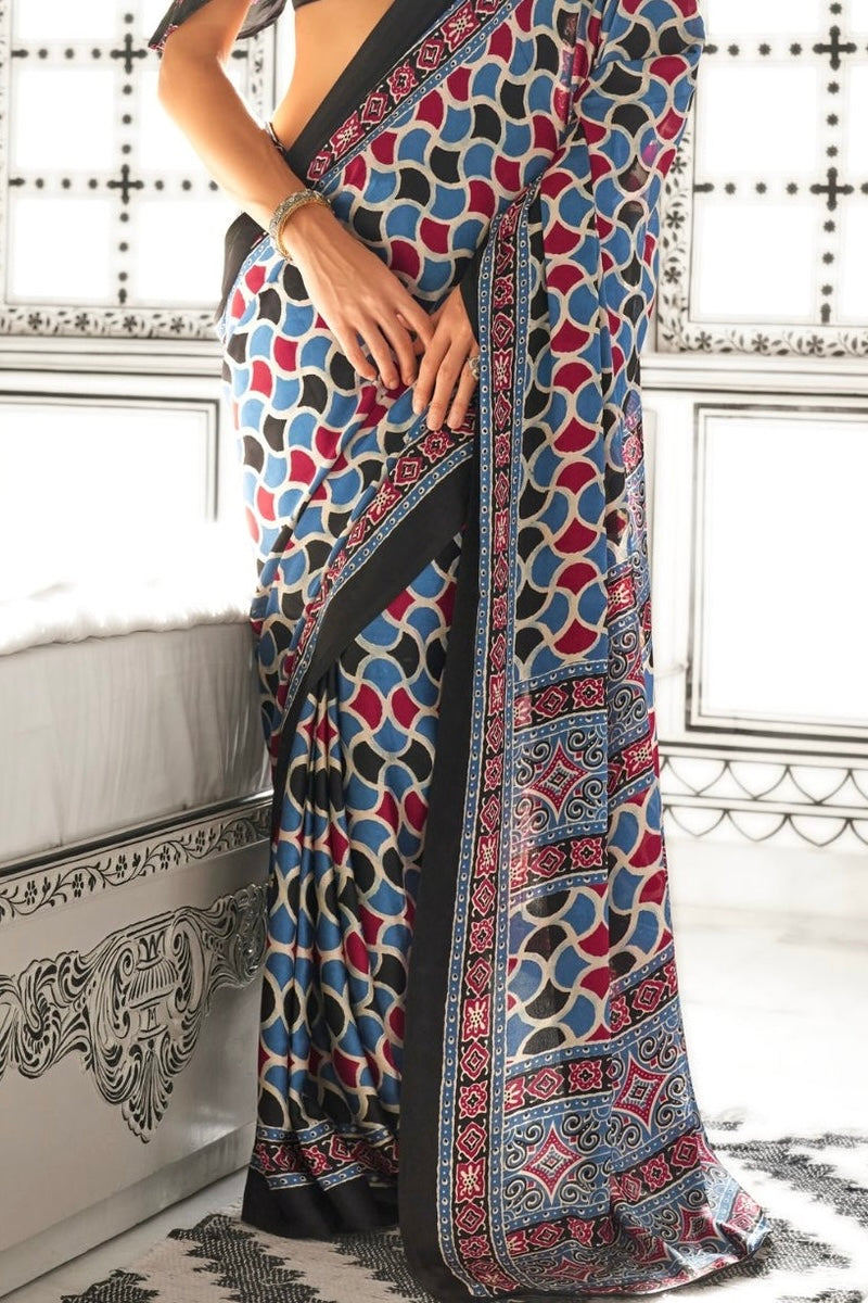 Blue and Black Ajrakh Printed Satin Crepe Saree