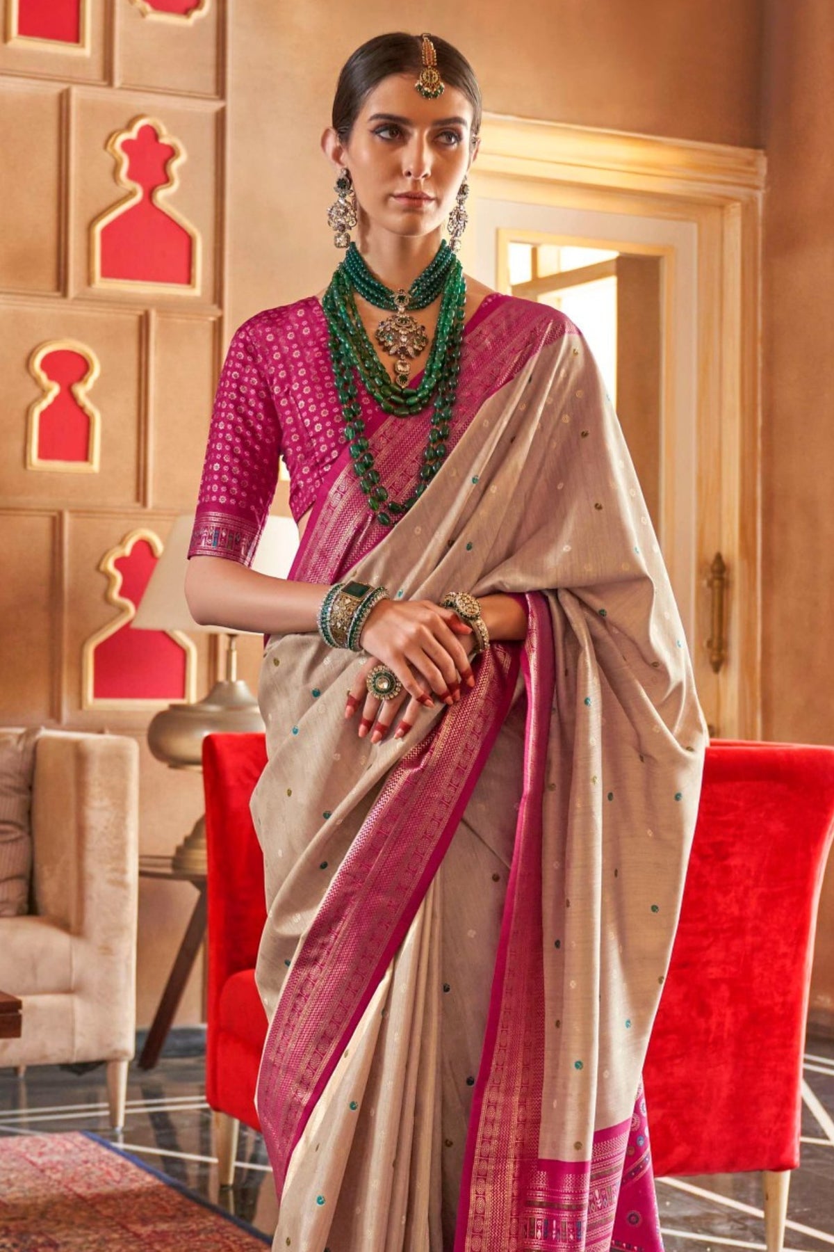Cream and Pink Printed Patola Saree