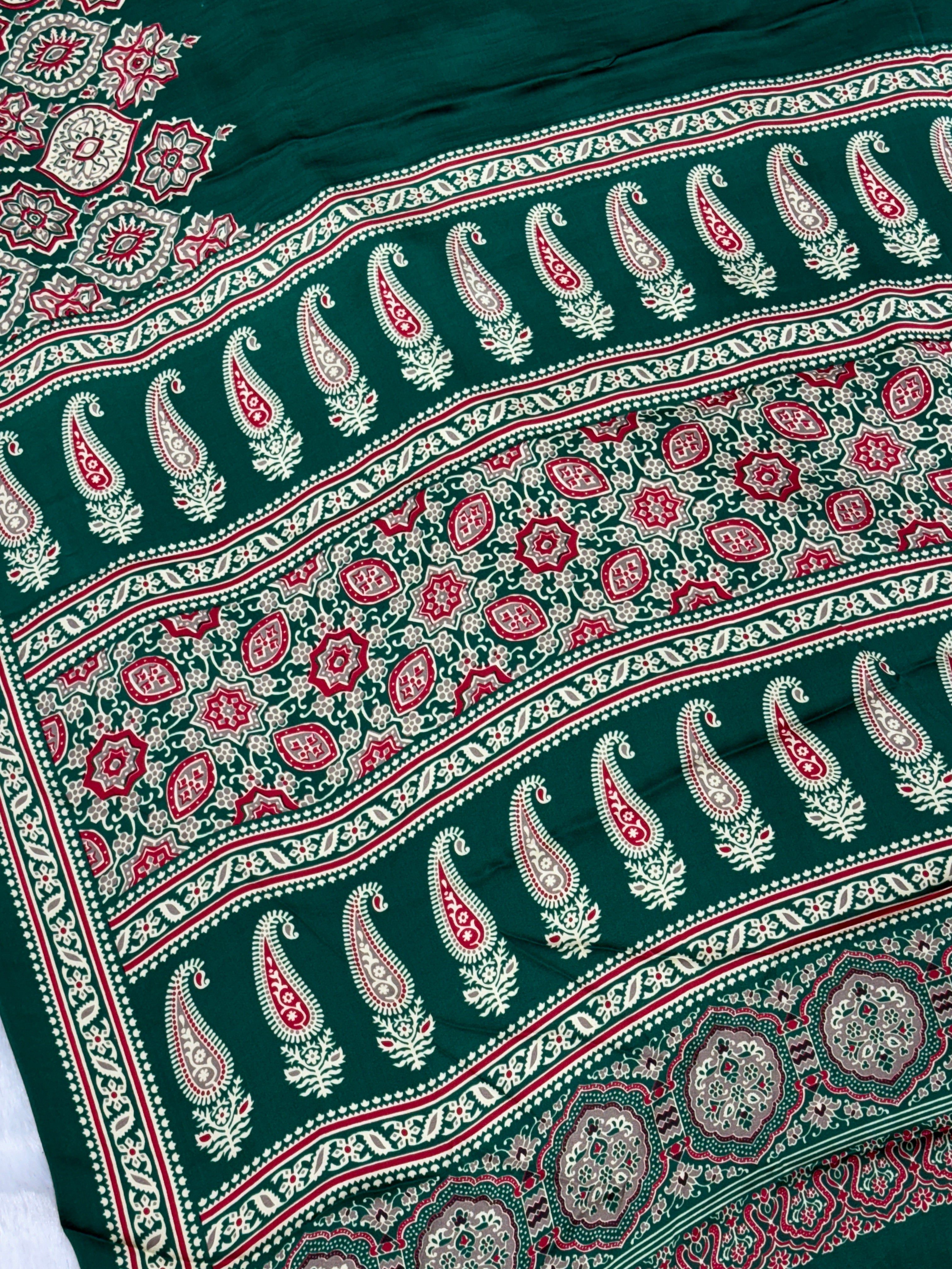 Green Ajrakh Printed Modal Silk Plain Saree