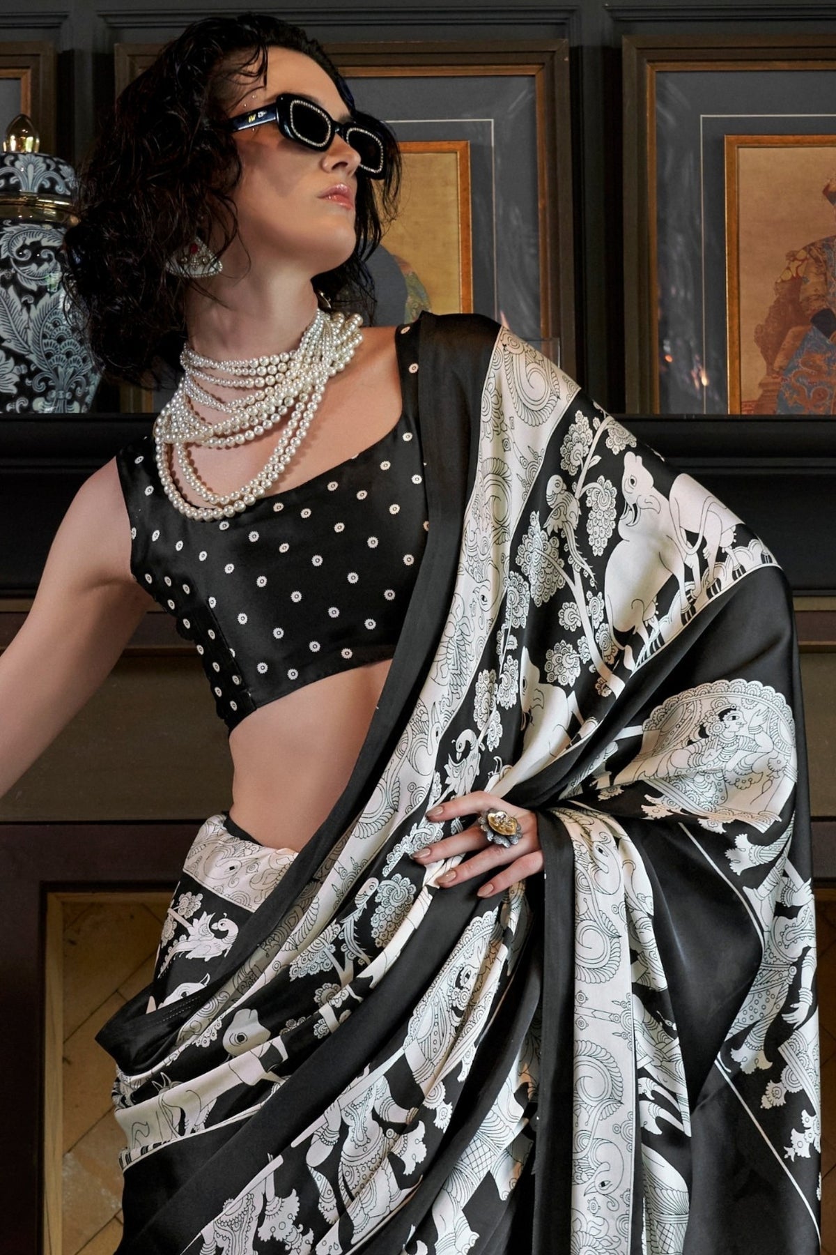 Jet Black and White Ajrakh Patola Printed Satin Crepe Saree