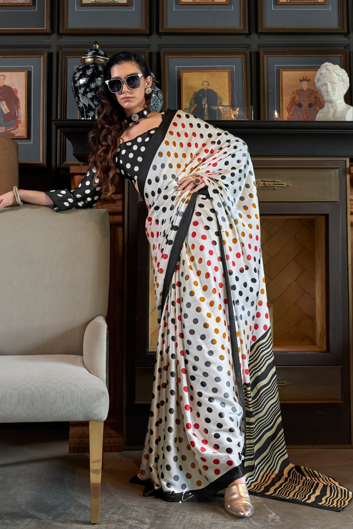 White and Black Ajrakh Patola Printed Satin Crepe Saree