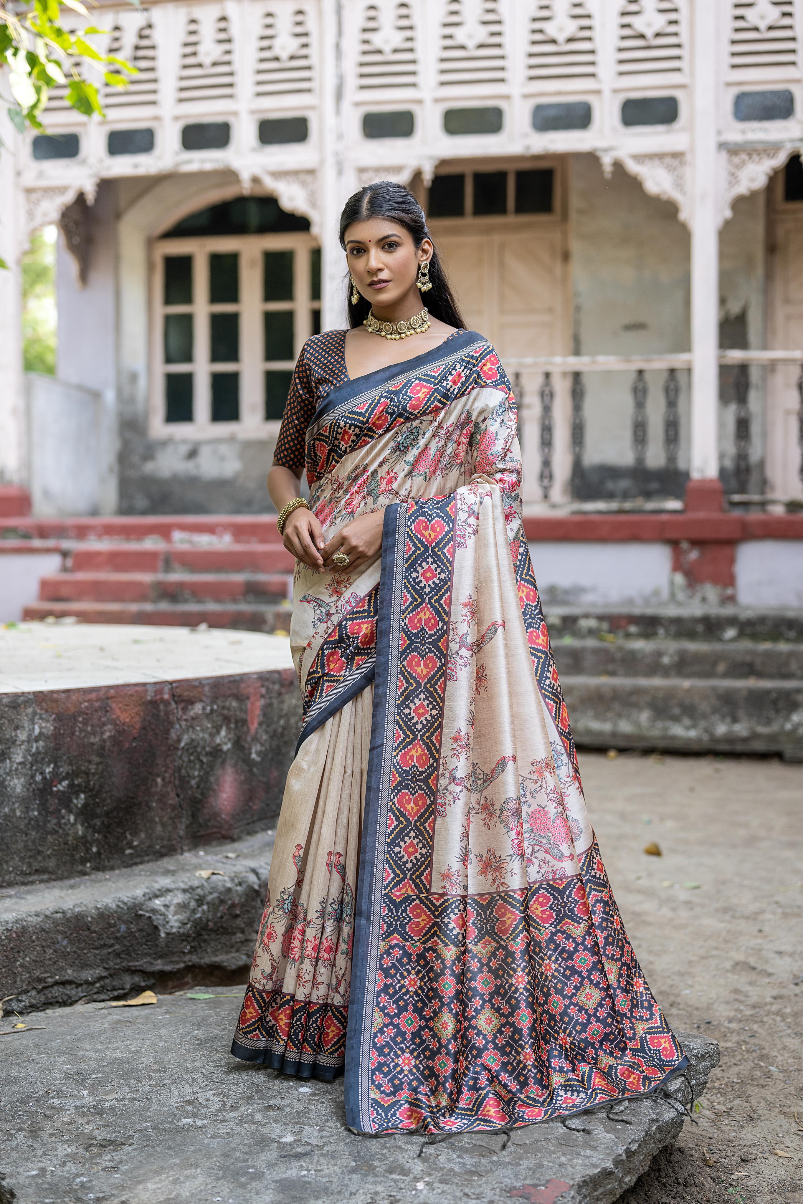 Black Patola Silk Blend Saree with Beige Body
