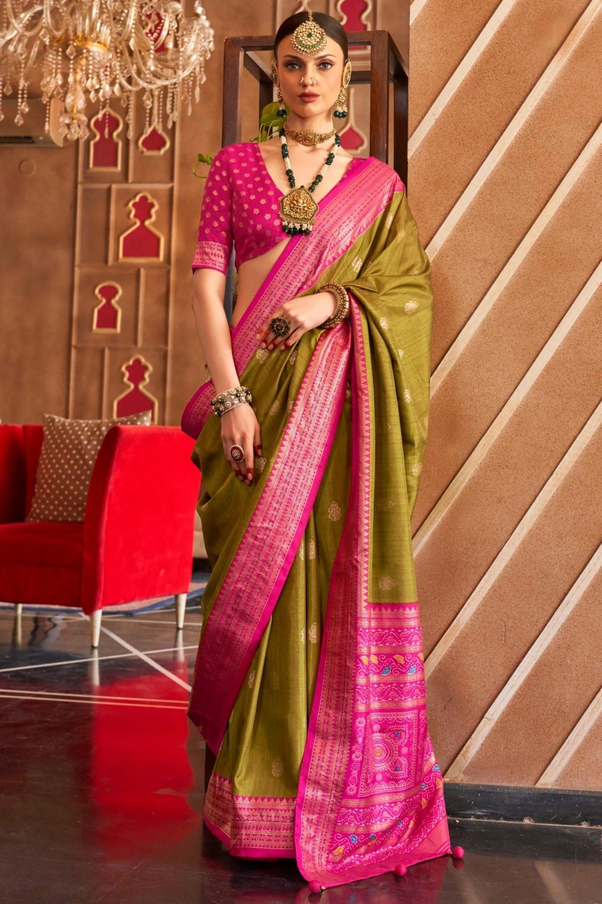 Green and Pink Printed Patola Saree