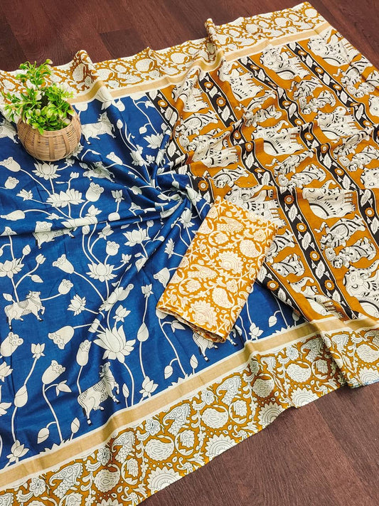 Deep Blue and Mustard Handcrafted Kalamkari Cotton Saree