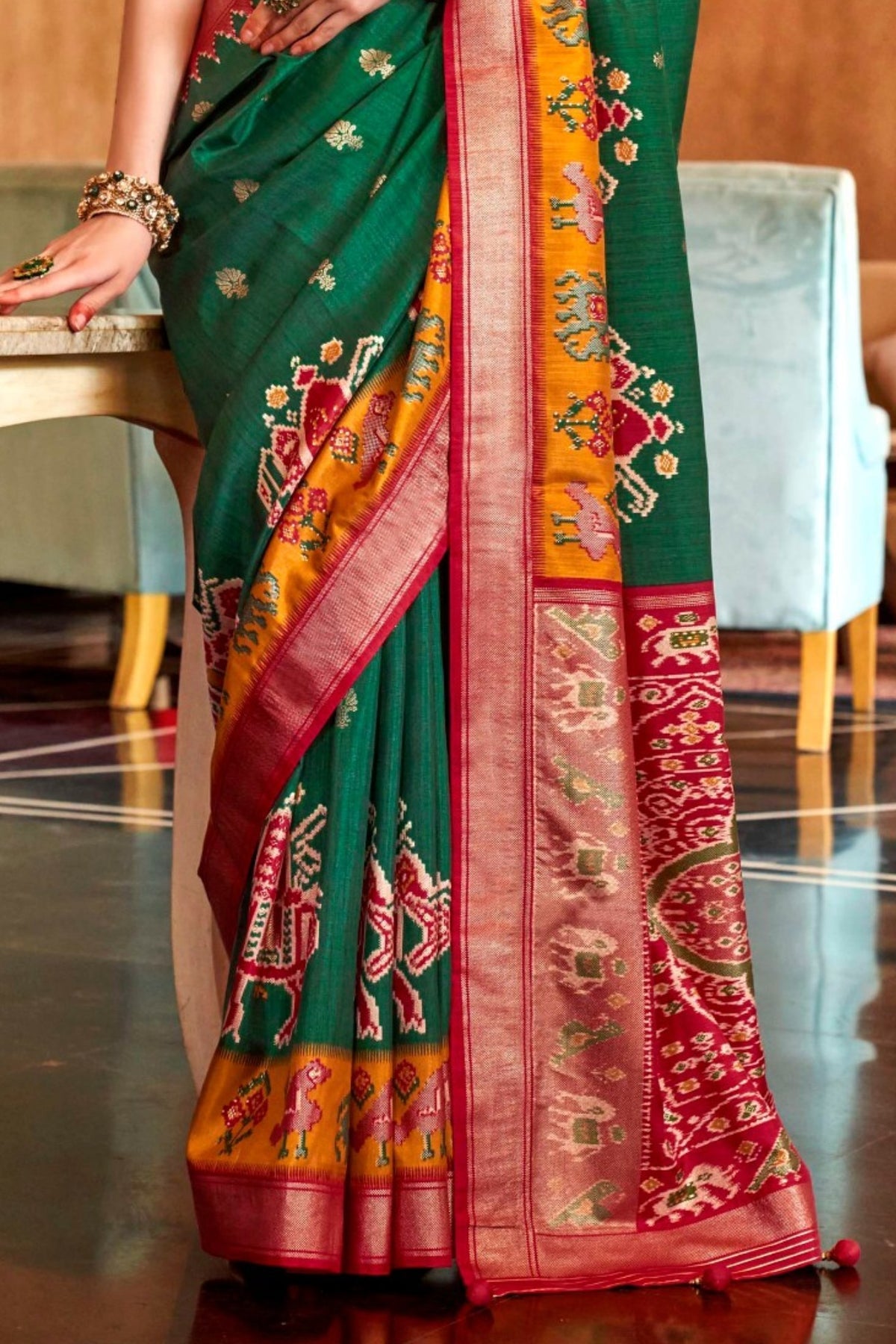 Green and Red Printed Patola Saree