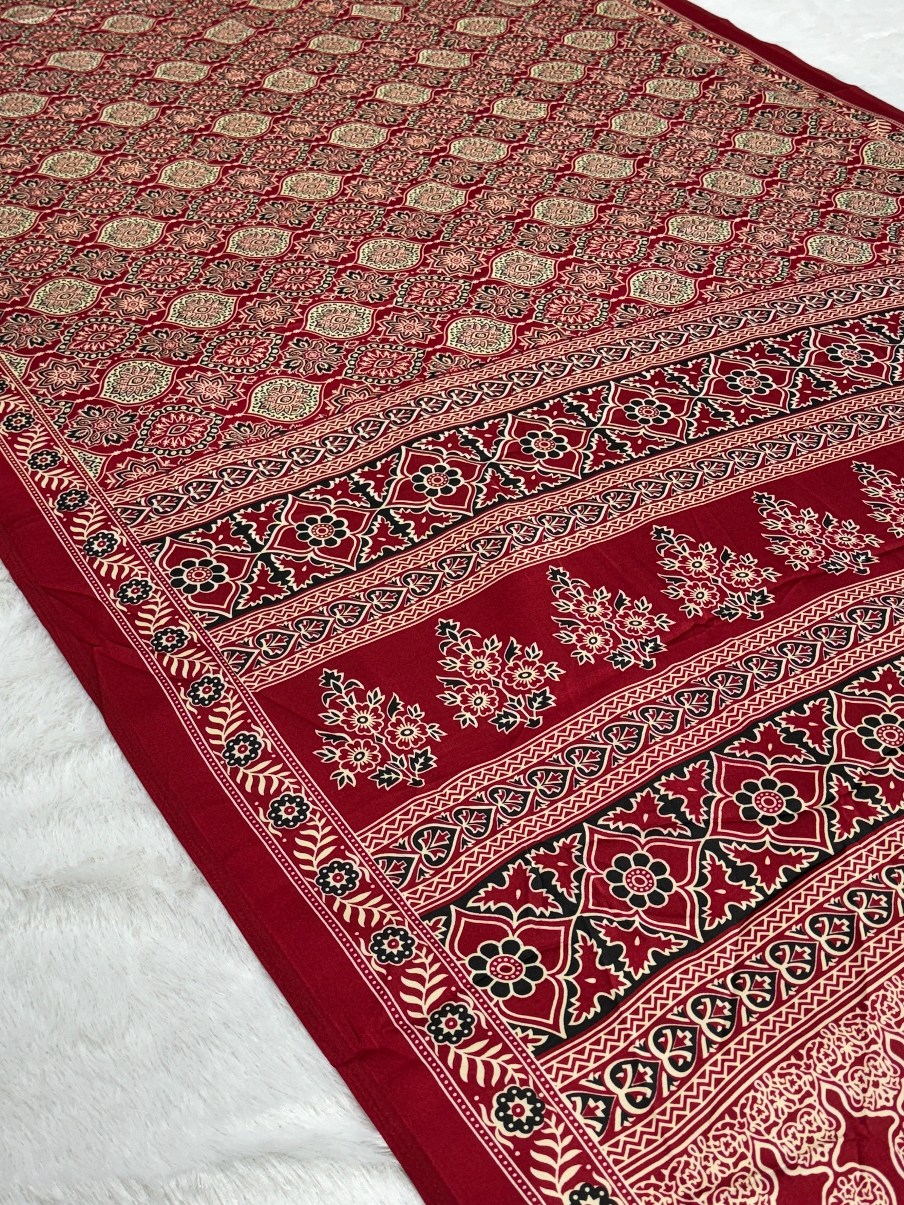 Red Ajrakh Printed Satin Crepe Silk Saree