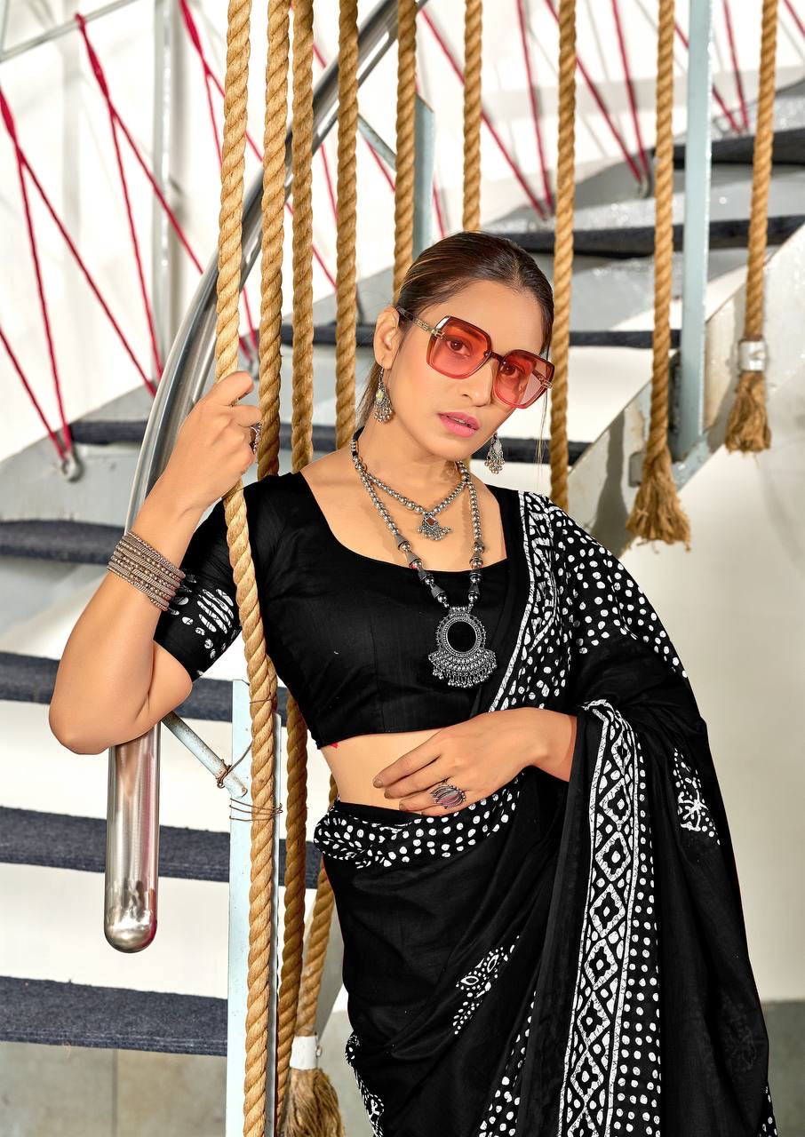 Black Bandhani Cotton Saree