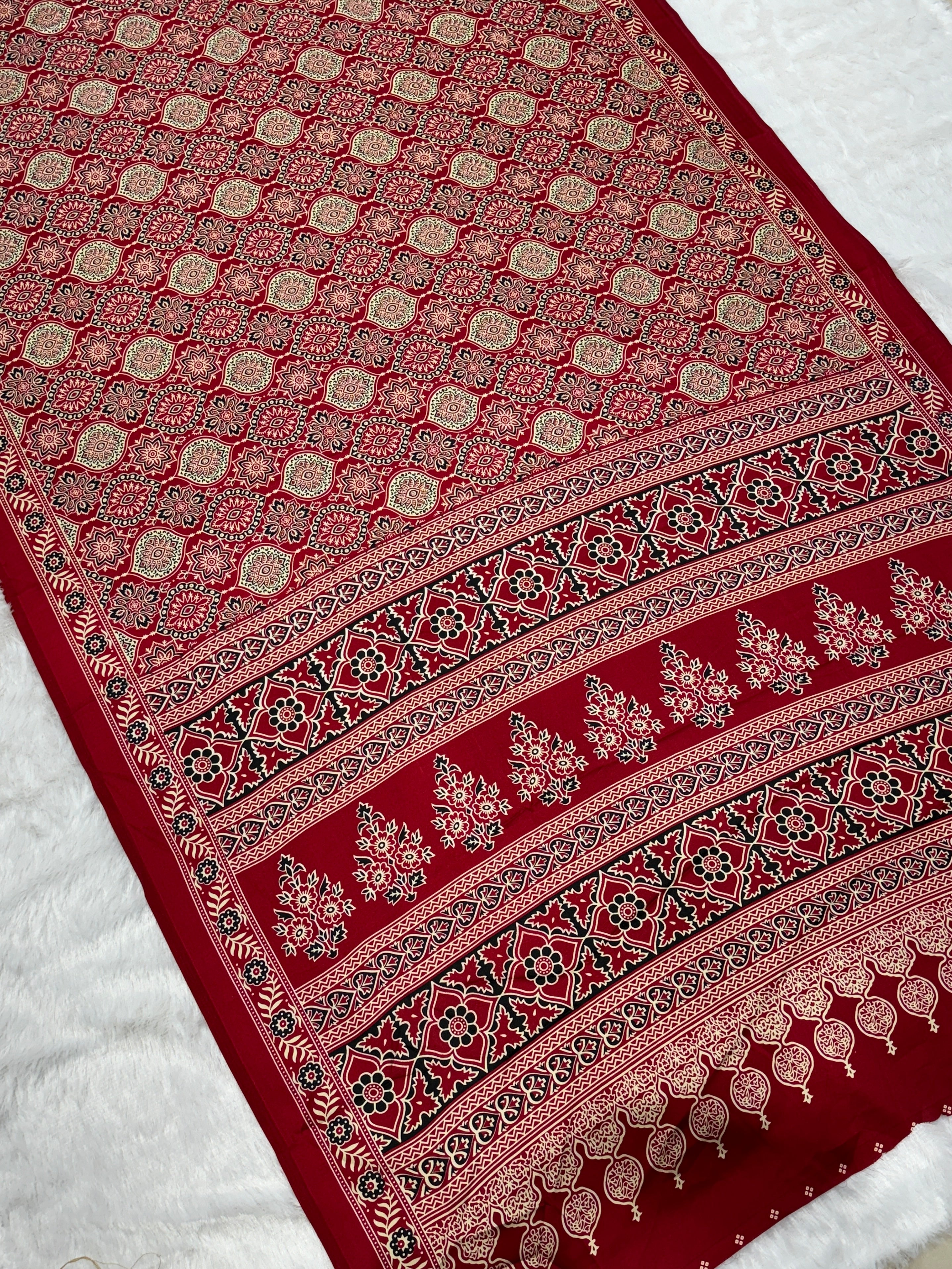 Red Ajrakh Printed Satin Crepe Silk Saree