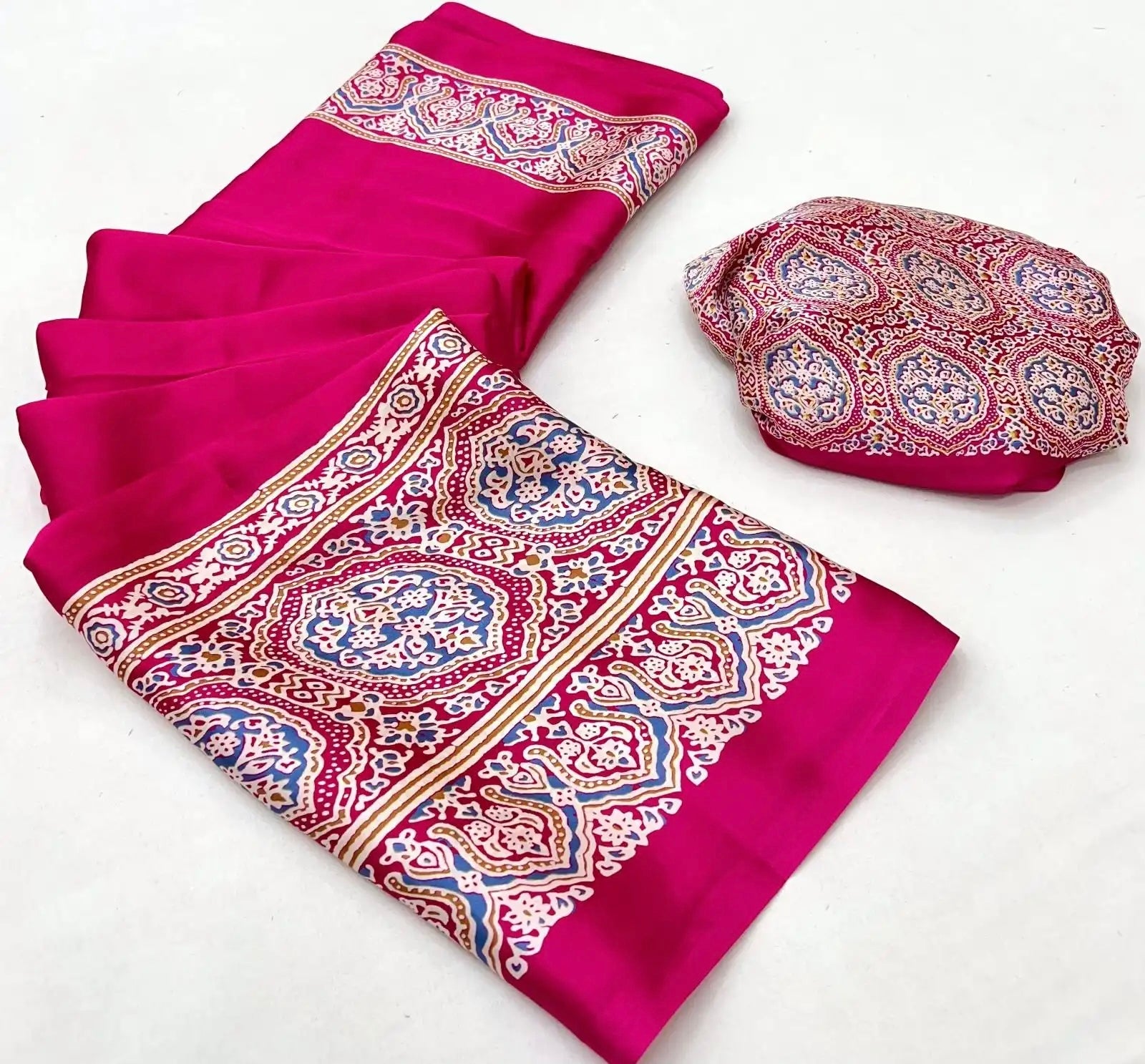 Rani Pink Ajrakh Gala Border Saree