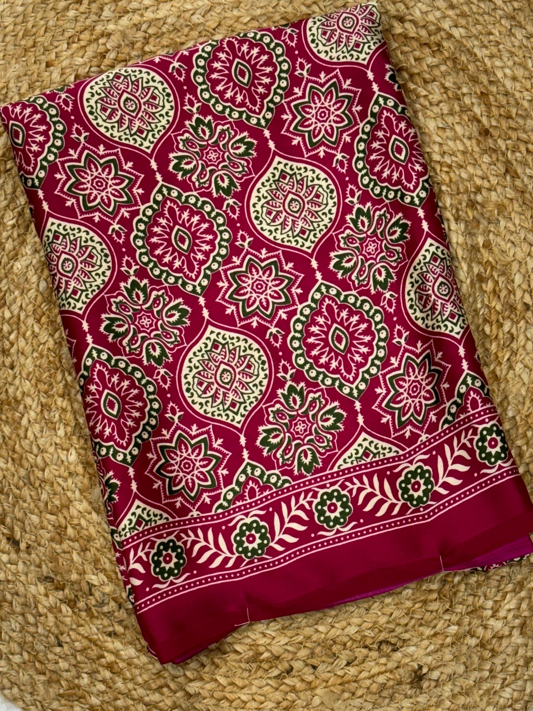 Rani Pink Printed Ajrakh Satin Crepe Silk Saree