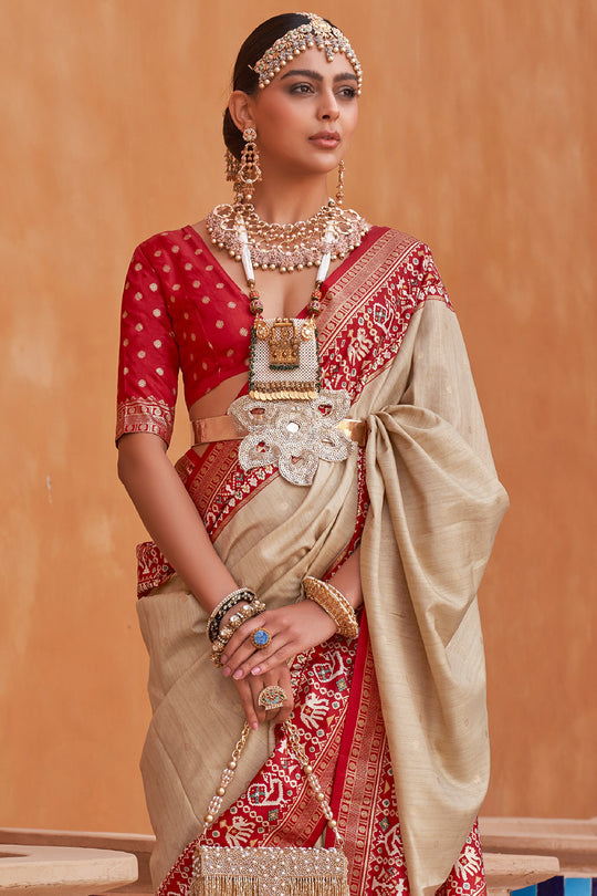 Elegant Beige Handwoven Patola Silk Saree