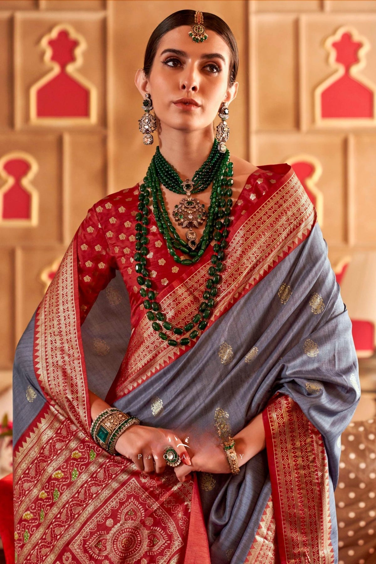 Grey and Red Printed Patola Saree
