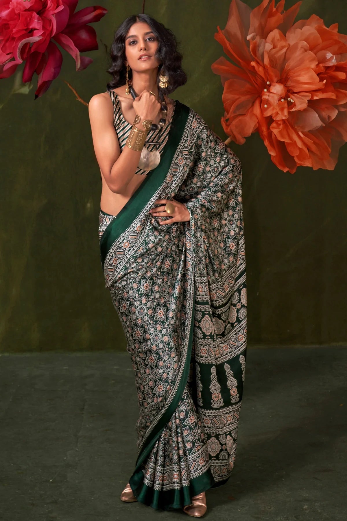 Green Ajrakh Printed Satin Crepe Silk Saree