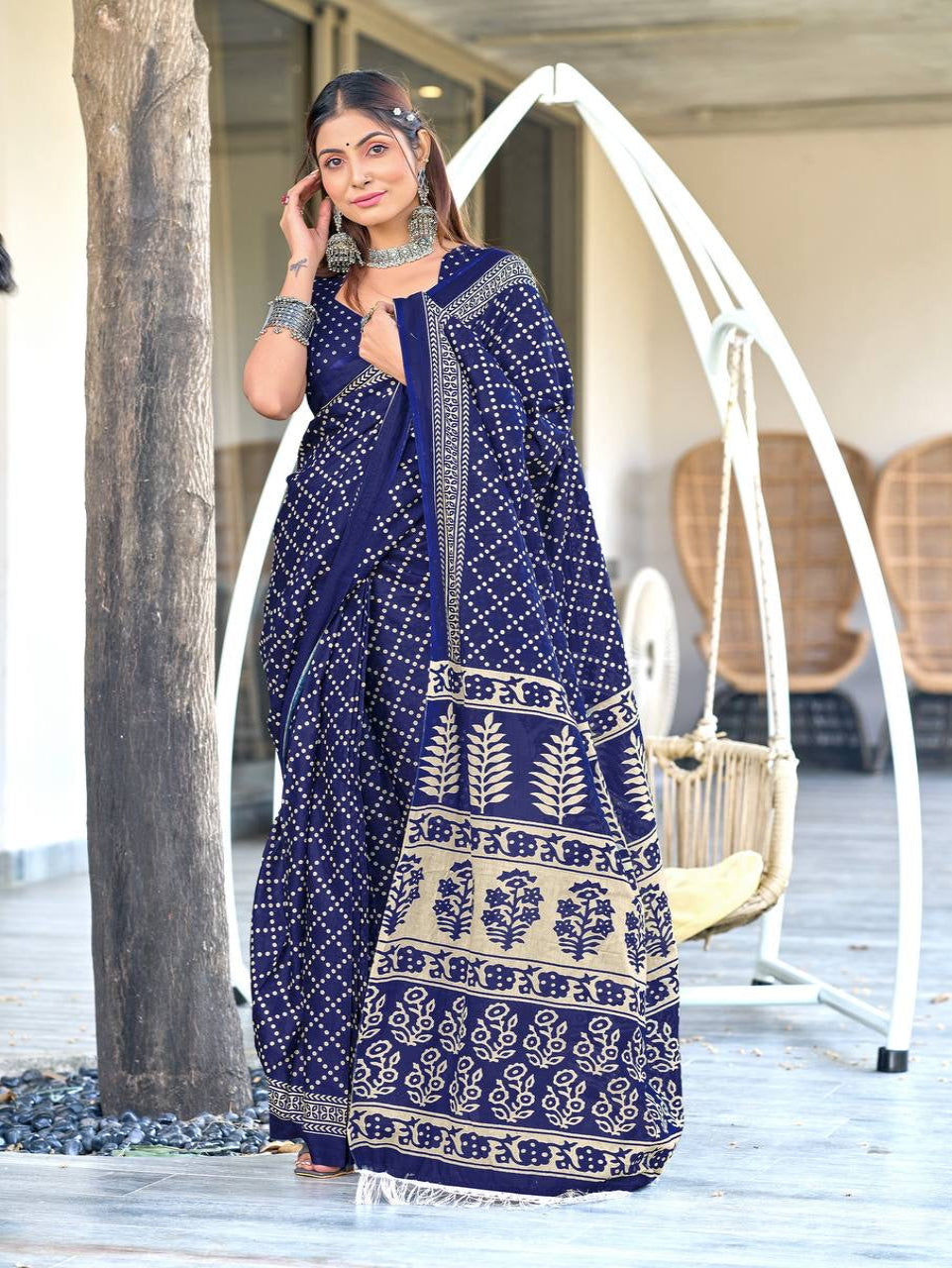 Navy Blue Bandhani Print Cotton Saree
