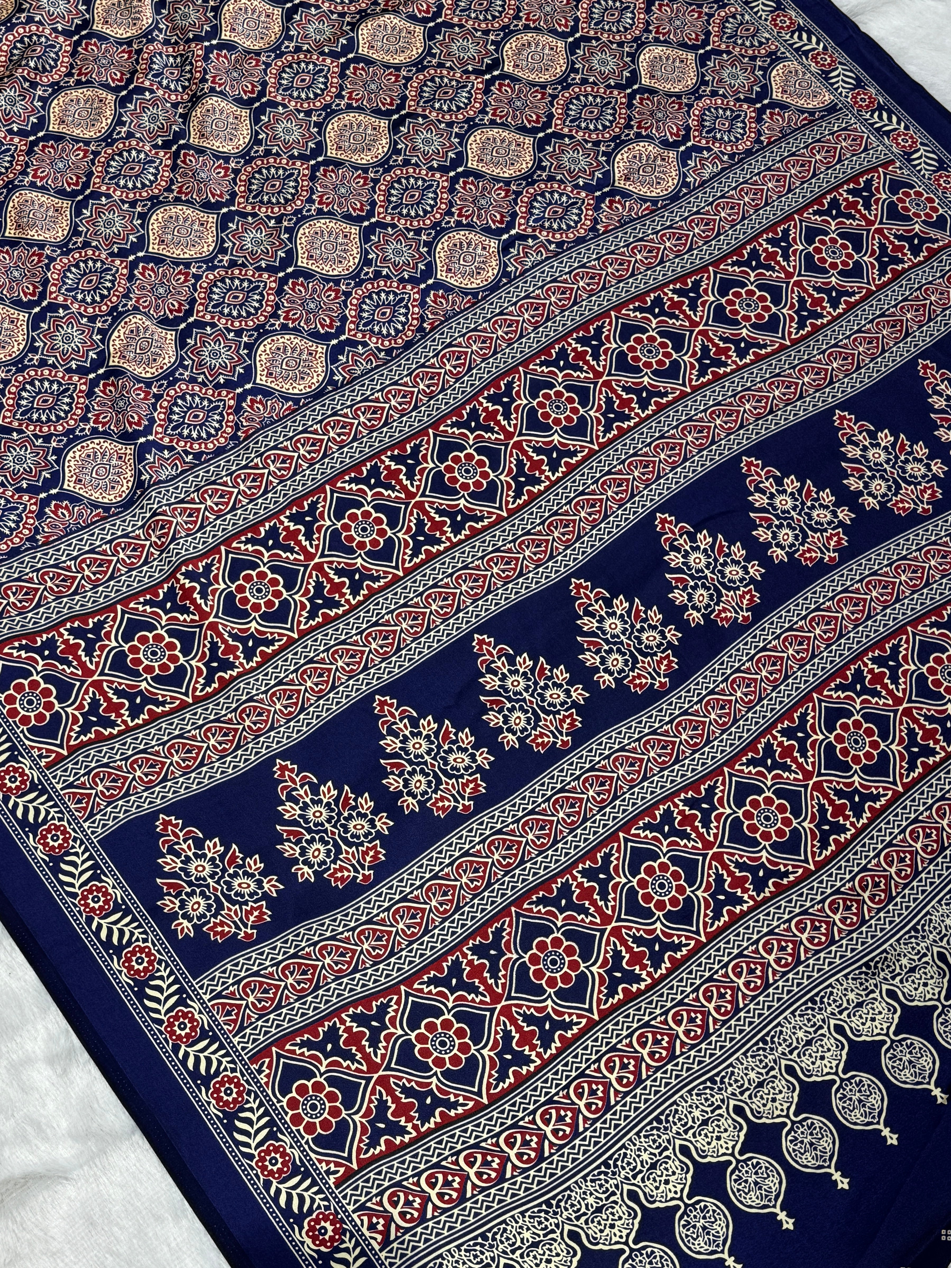 Blue Printed Ajrakh Satin Crepe Silk Saree