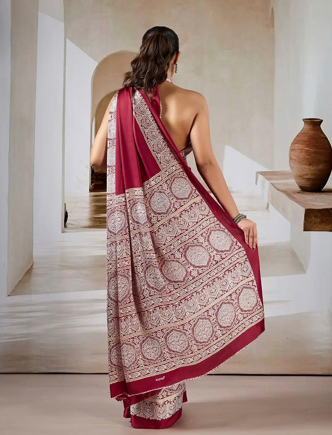 Crimson Maroon Ajrakh Gala Border Saree