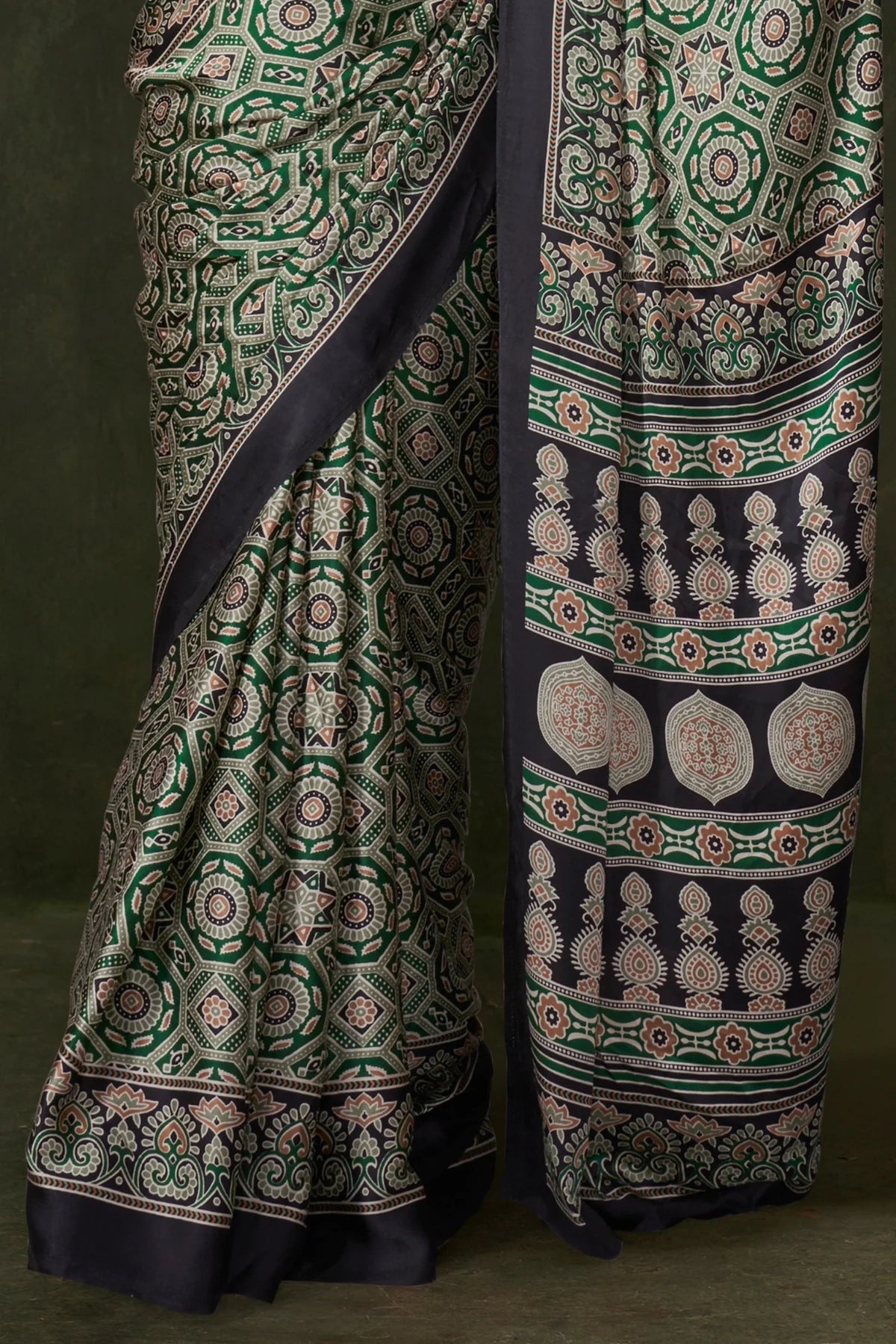 Green Ajrakh Printed Satin Crepe Silk Saree