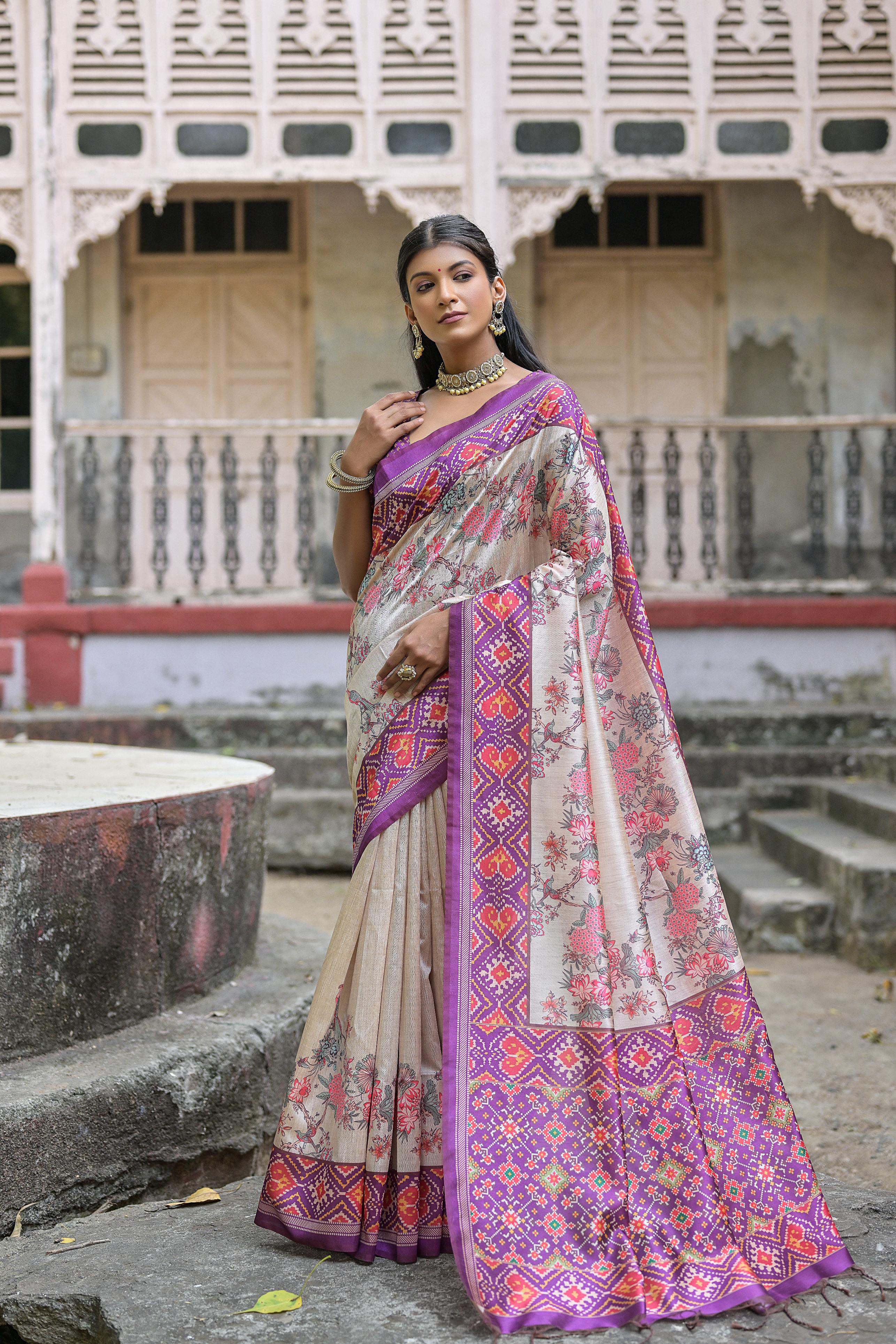 Purple Patola Silk Saree with Beige Base