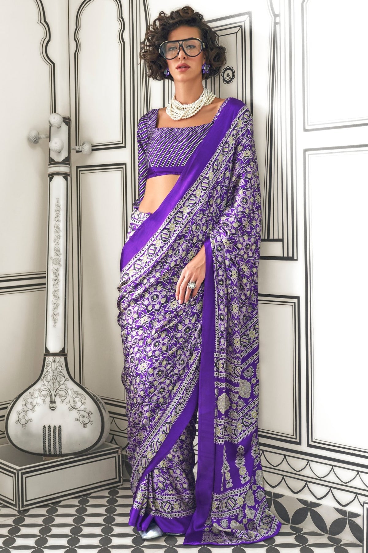 Purple Ajrakh Printed Satin Crepe Saree