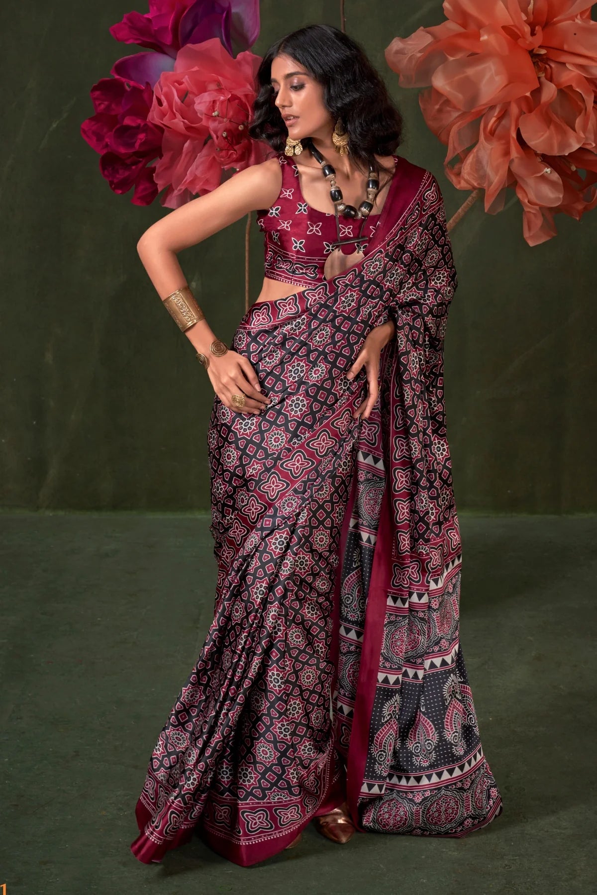 Black Ajrakh Printed Satin Crepe Silk Saree