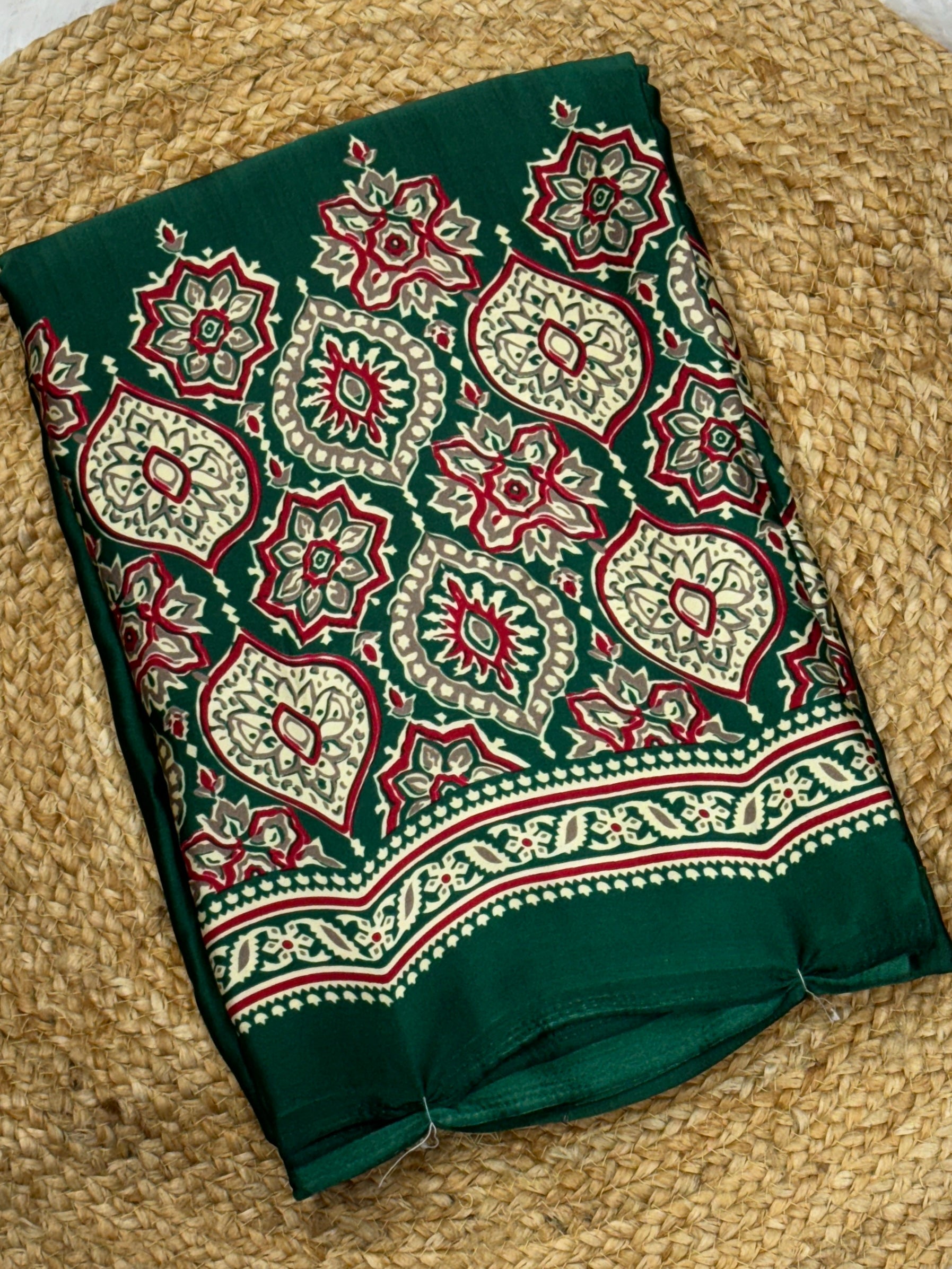 Green Ajrakh Printed Modal Silk Plain Saree