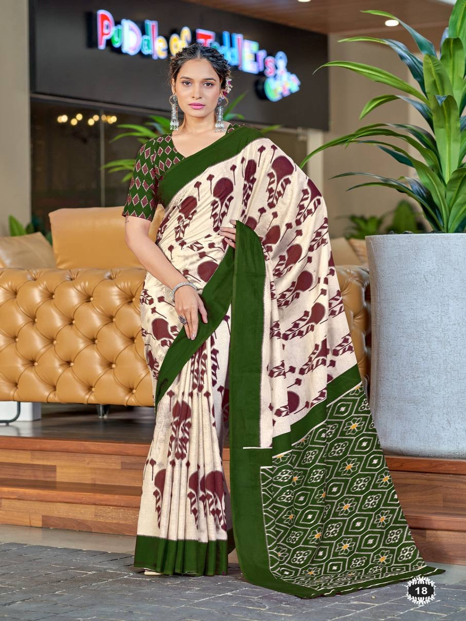 Off-White and Dark Green Printed Cotton Saree