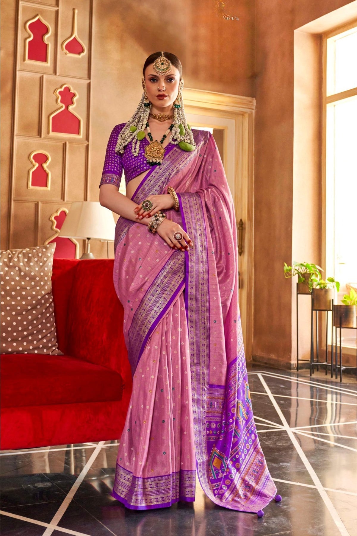 Rose Pink and Purple Accents Printed Patola Saree