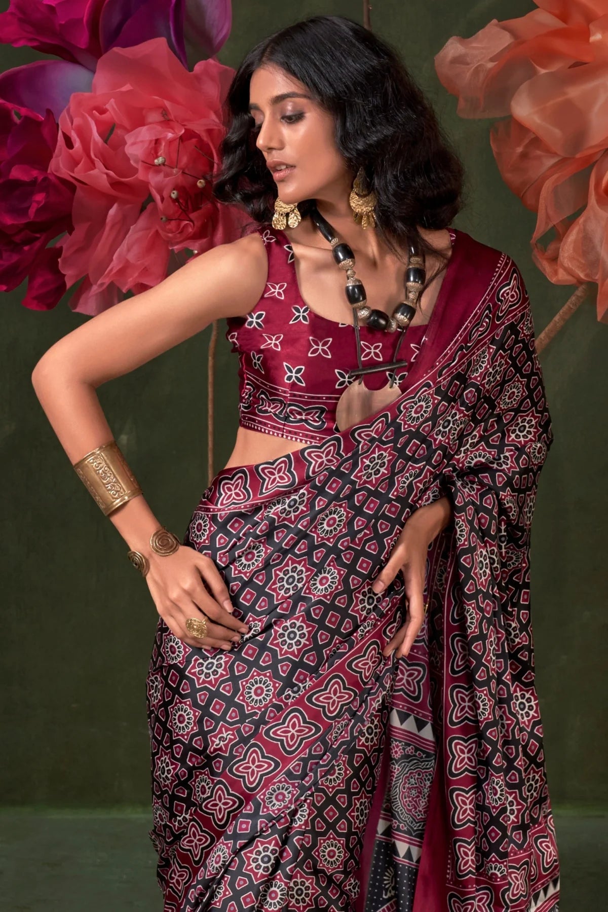 Black Ajrakh Printed Satin Crepe Silk Saree