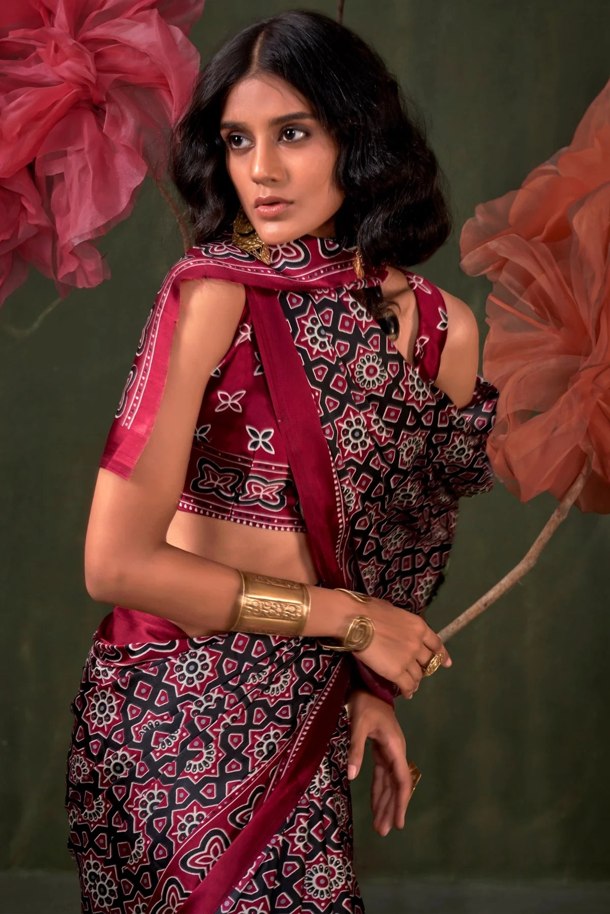 Black Ajrakh Printed Satin Crepe Silk Saree