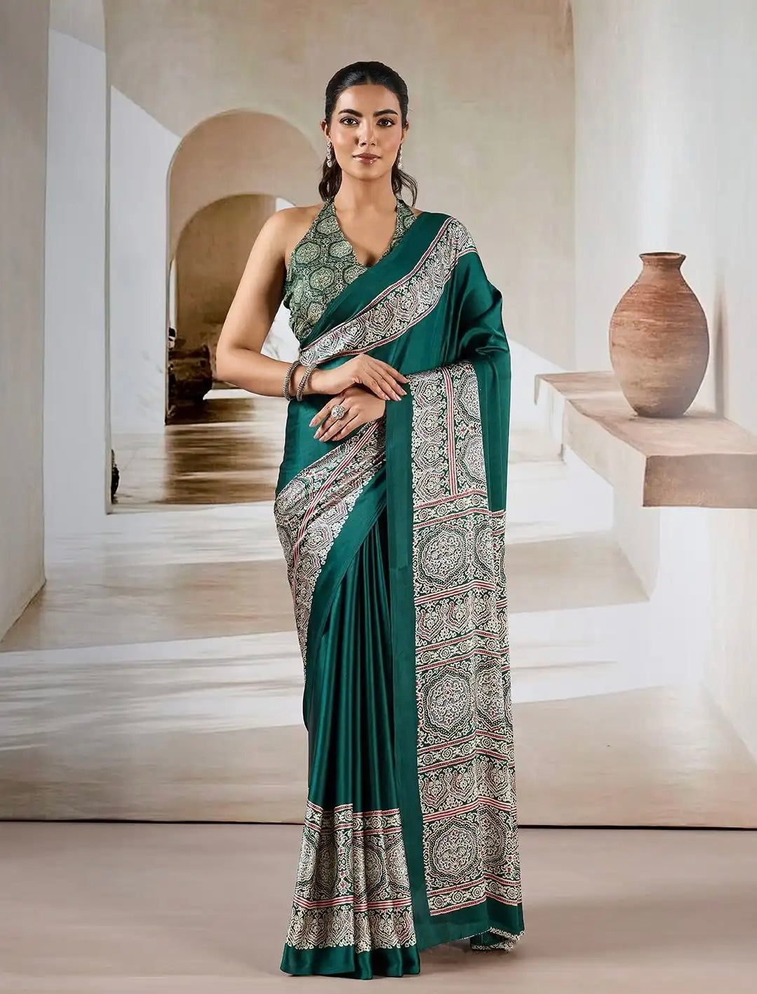 Emerald Green Ajrakh Gala Border Saree