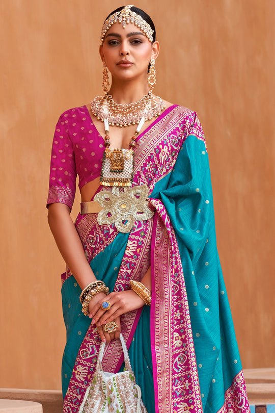 Teal Blue Handwoven Patola Silk Saree