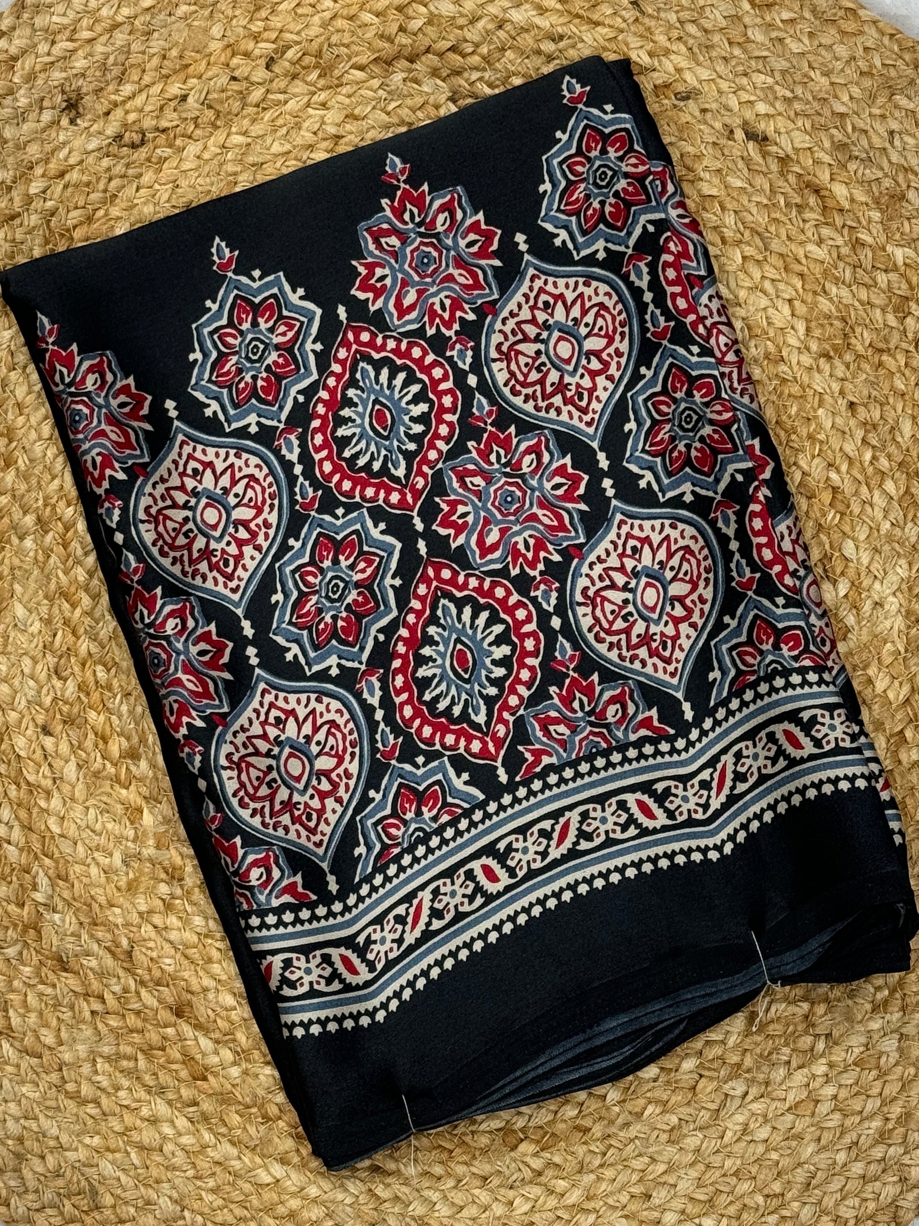 Black Ajrakh Printed Modal Silk Plain Saree