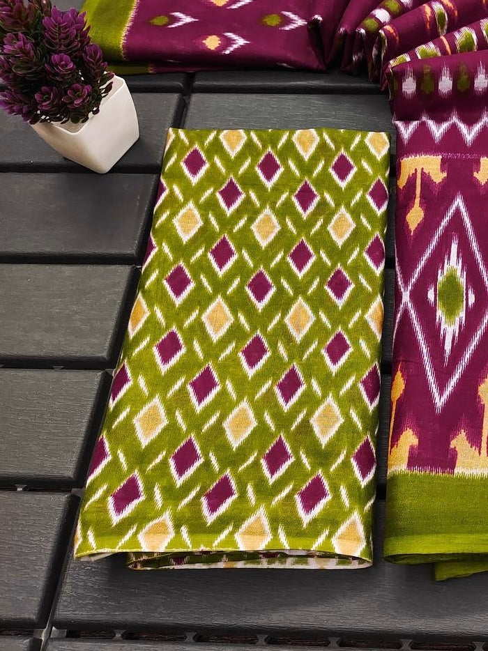 Elegant Maroon and Green Ikkat Cotton Saree