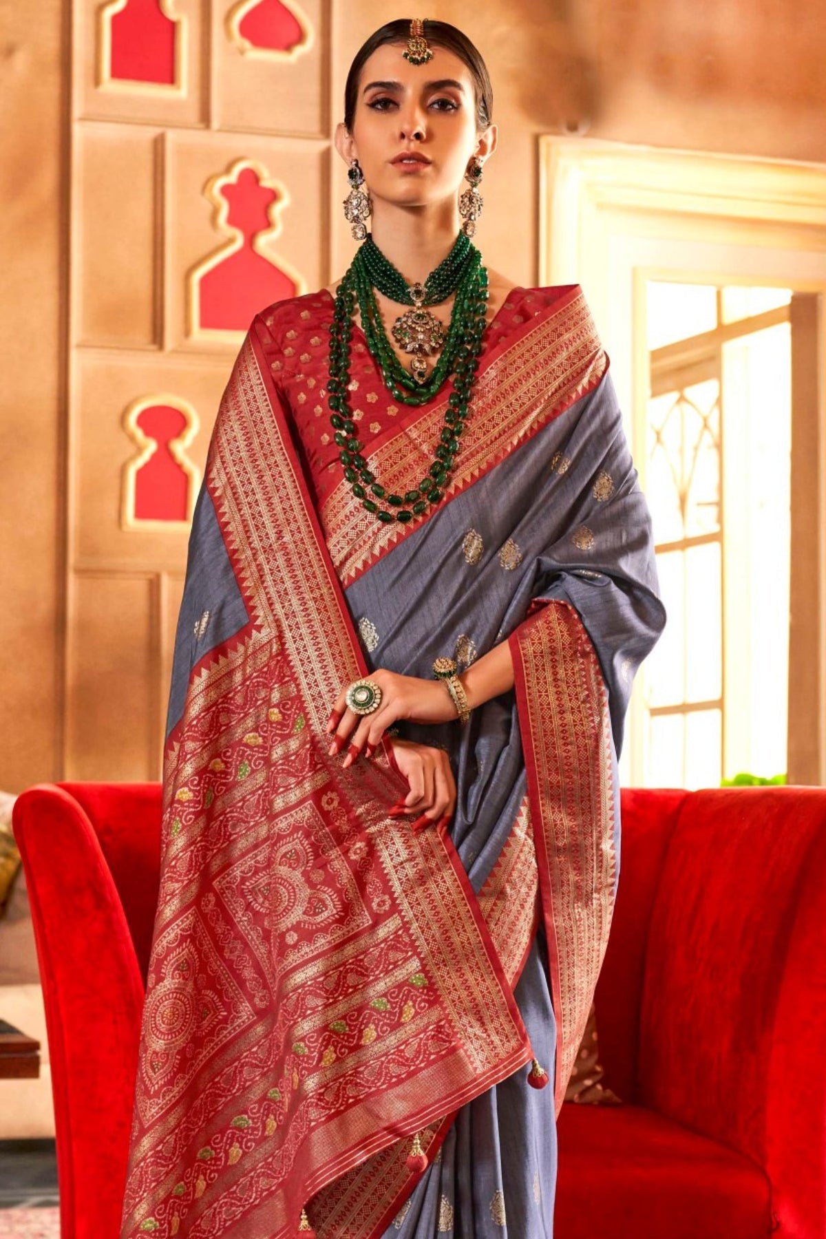 Grey and Red Printed Patola Saree