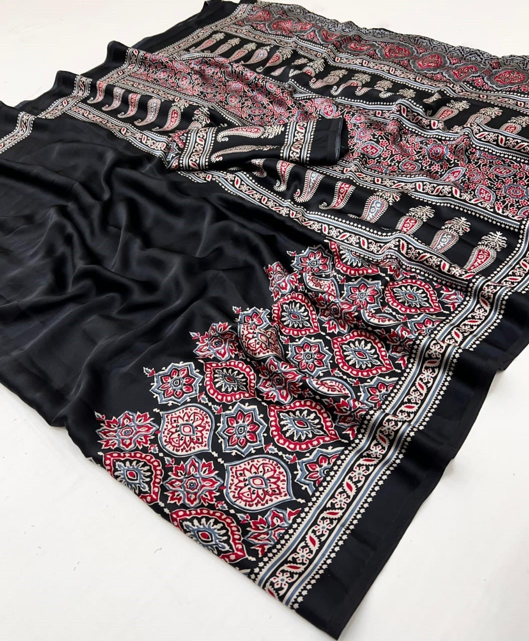 Black Ajrakh Printed Modal Silk Plain Saree