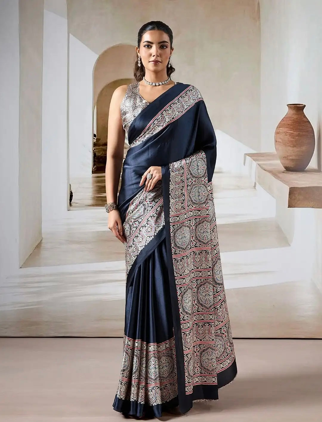 Midnight Black Ajrakh Gala Border Saree