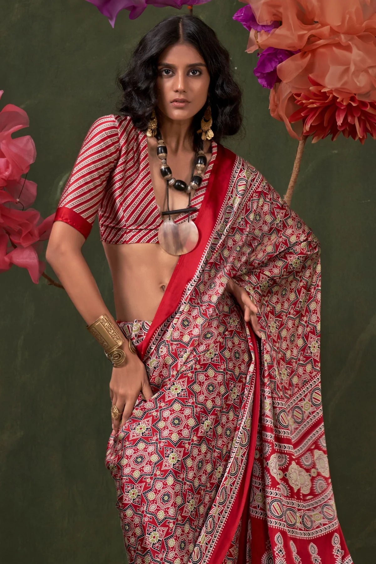 Red Ajrakh Printed Satin Crepe Silk Saree