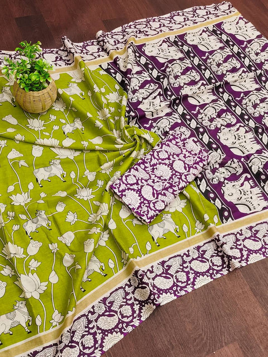 Olive Green and Royal Purple Handcrafted Kalamkari Cotton Saree