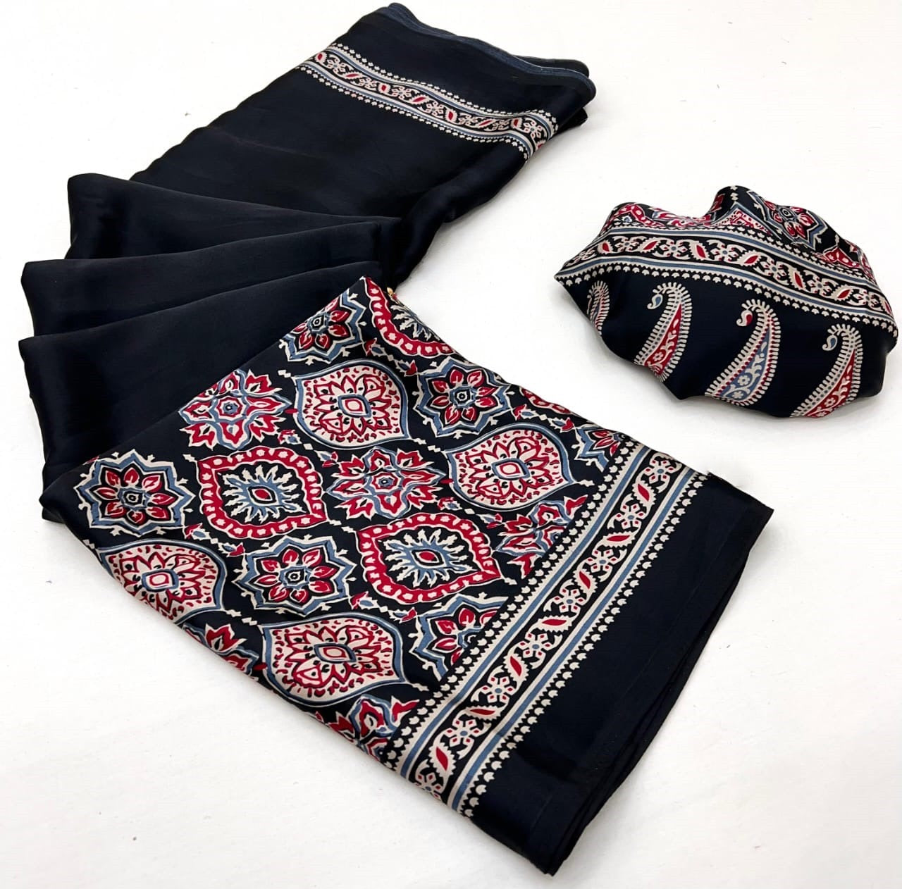 Black Ajrakh Printed Modal Silk Plain Saree