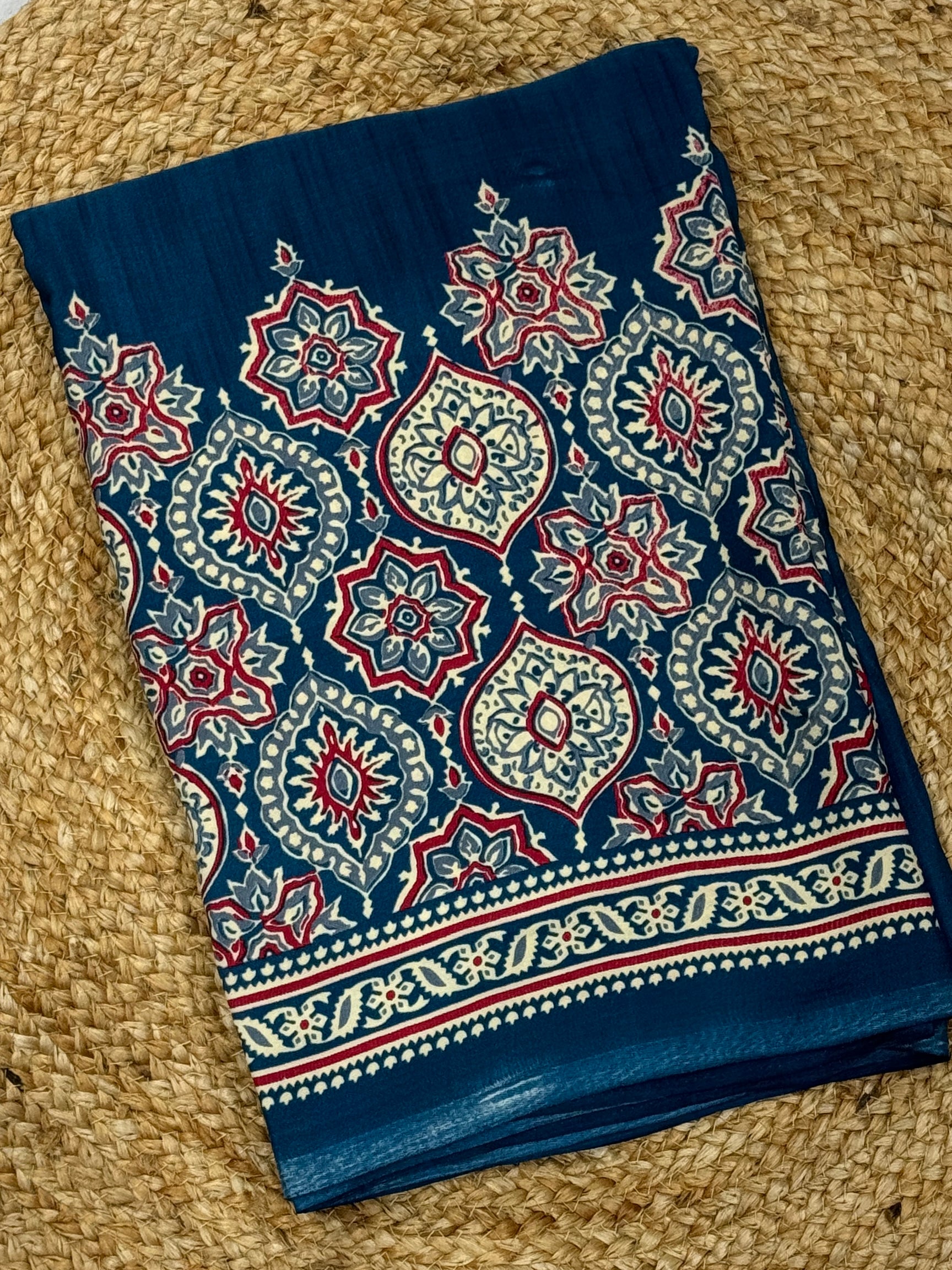 Blue Ajrakh Printed Modal Silk Plain Saree