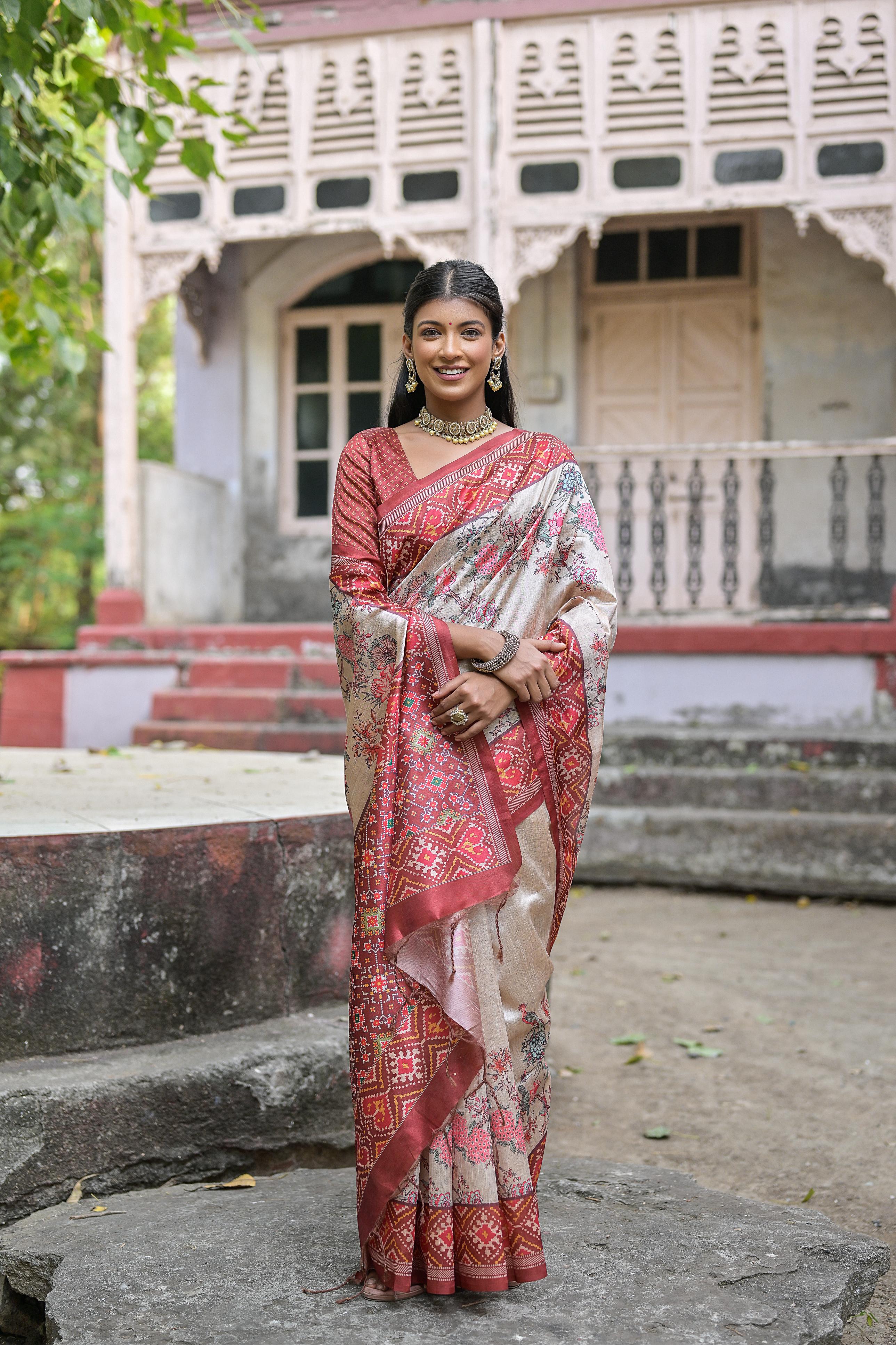 Red & Beige Patola Silk Saree