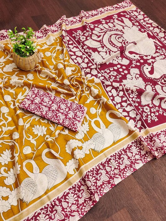 Elegant Mustard and Maroon Kalamkari Cotton Saree