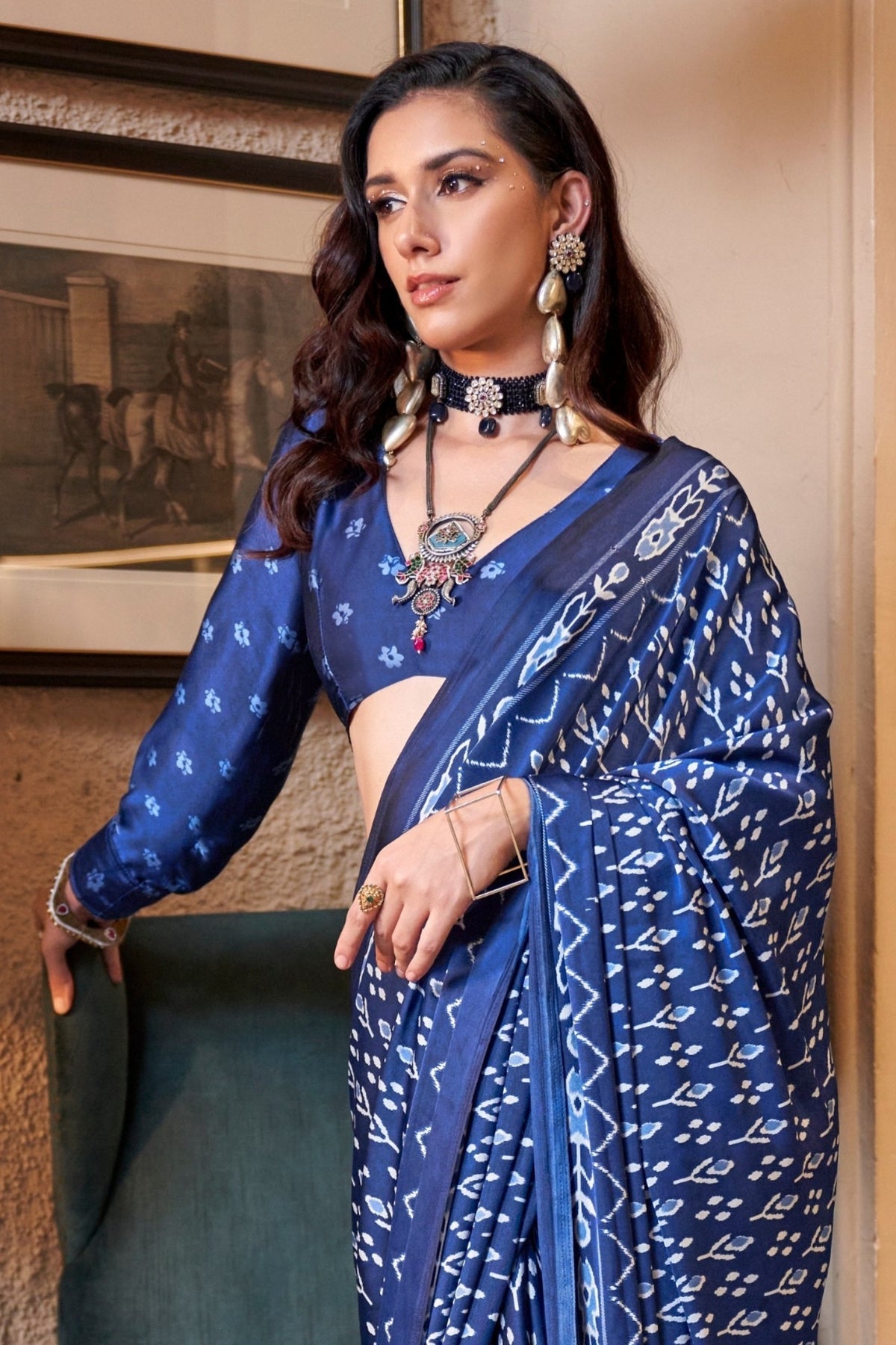 Egyptian Blue Ajrakh Patola Printed Satin Crepe Saree