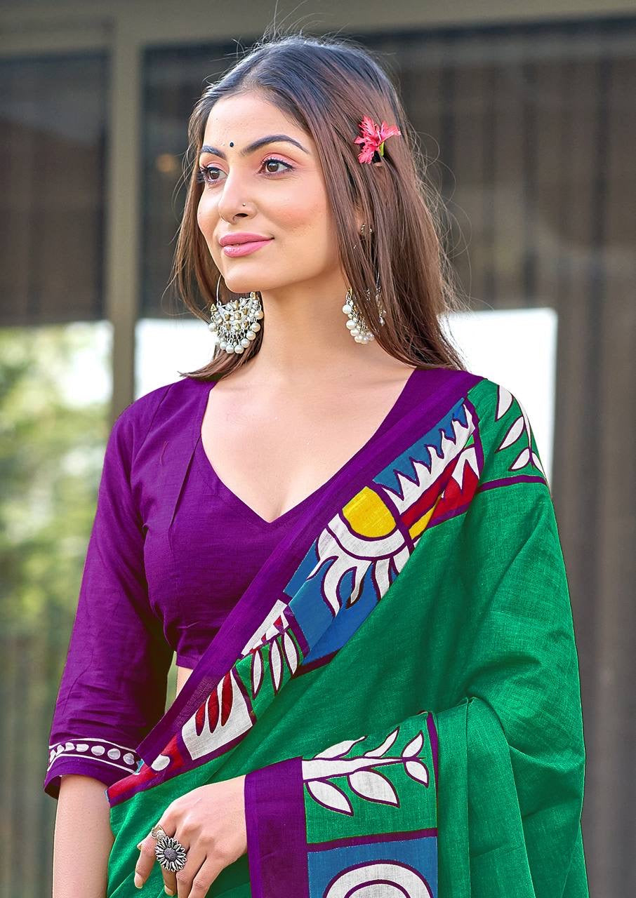 Vibrant Green Cotton Saree with Bold Folk-Inspired Border