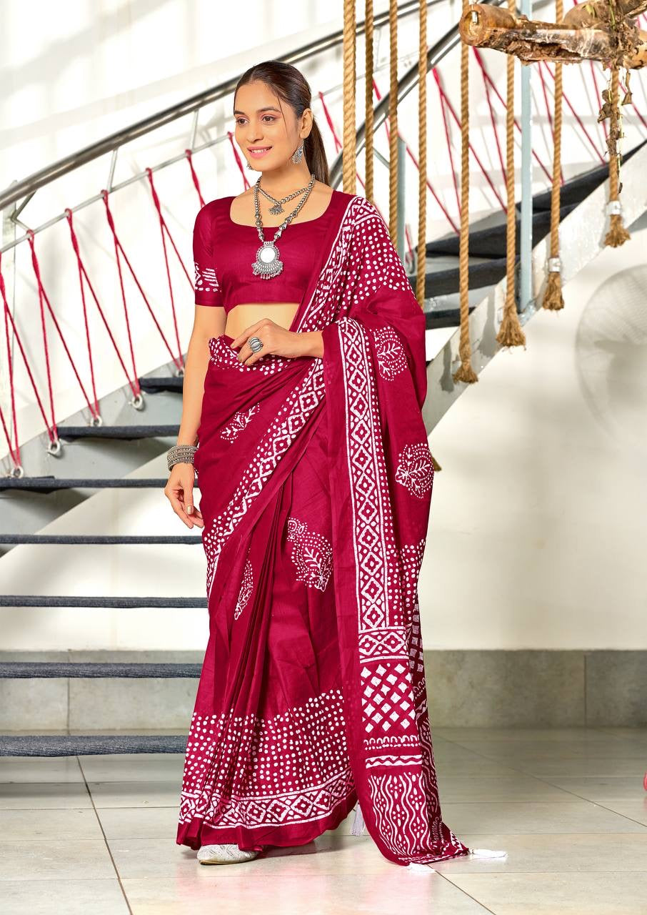 Maroon Bandhani Cotton Saree