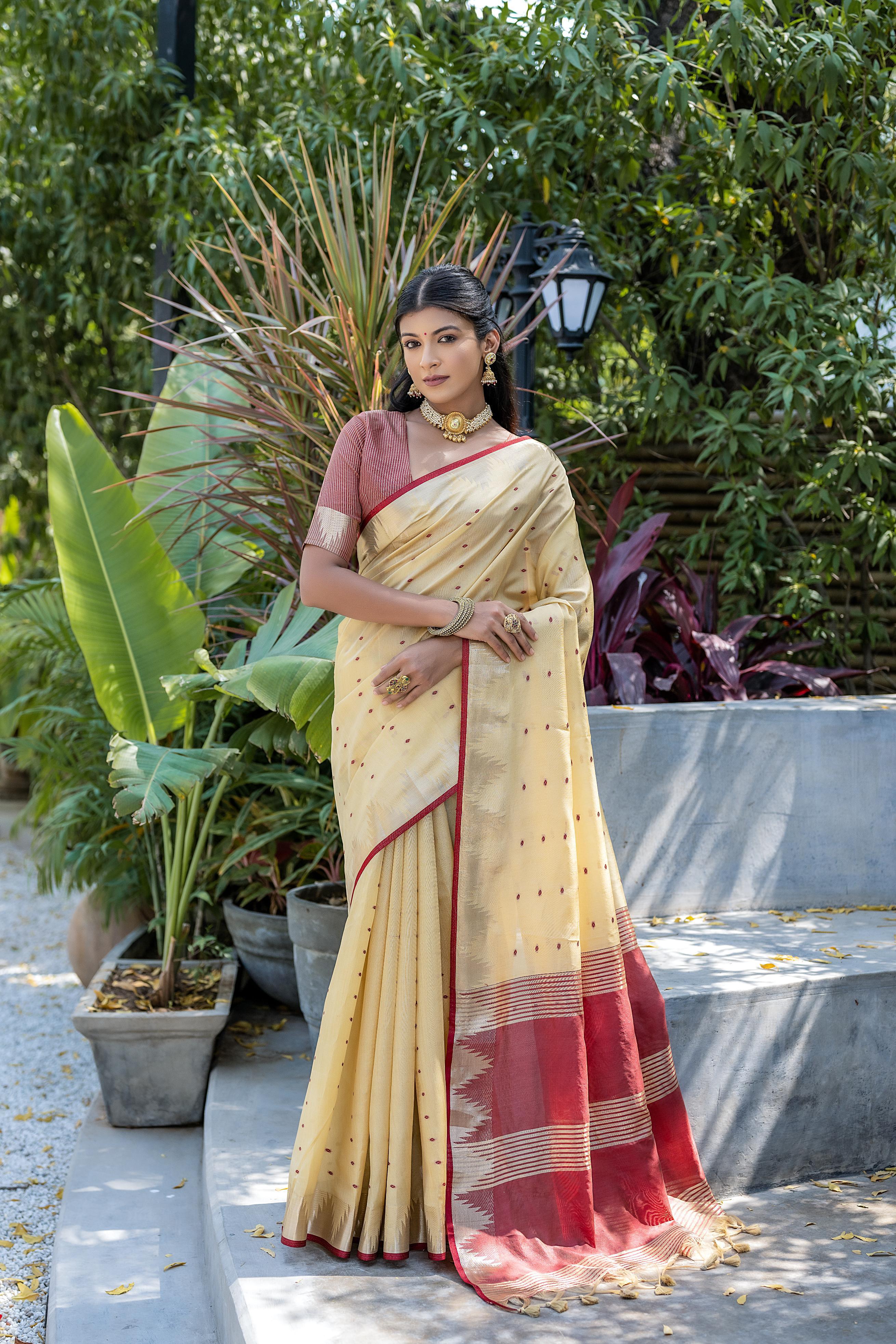 Cream Zari Woven Banarasi Raw Silk Saree