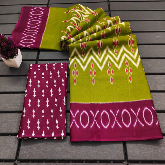 Olive Green and Deep Maroon Pochampally Ikat Saree
